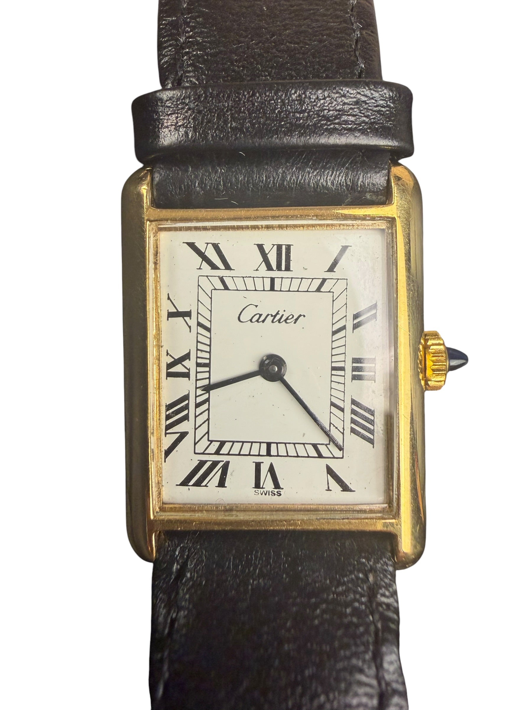 Cartier Tank White Roman Dial Black Strap 1970's