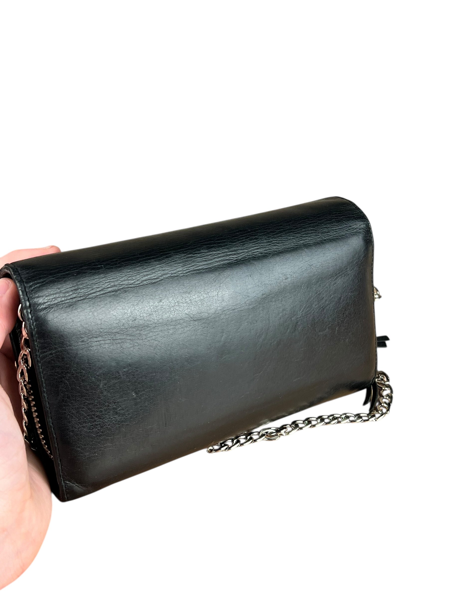 Balenciaga Black Leather Flap Wallet on Chain Bag