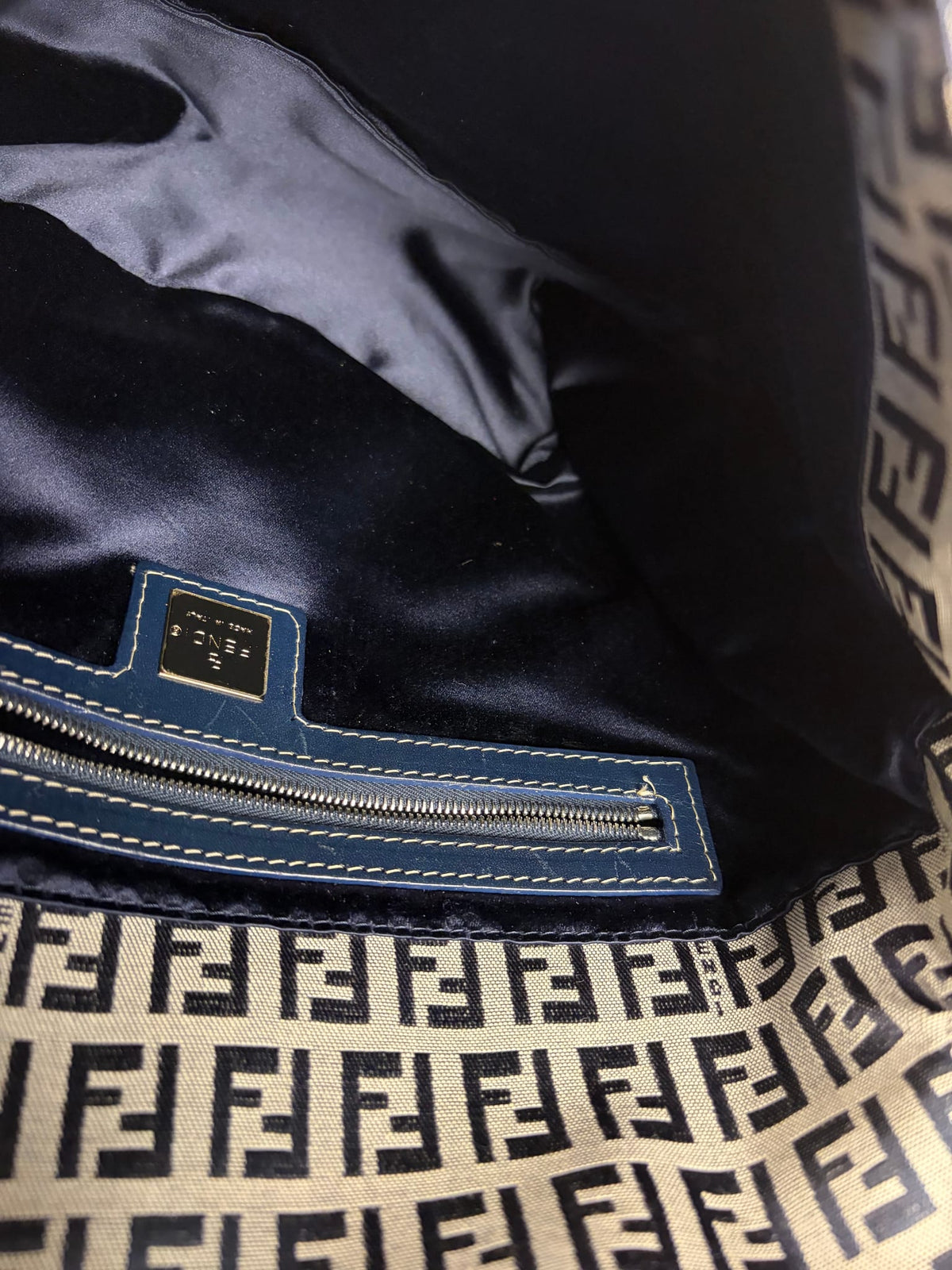 Fendi Navy/Grey Leather Trim Zucca Mamma Baguette