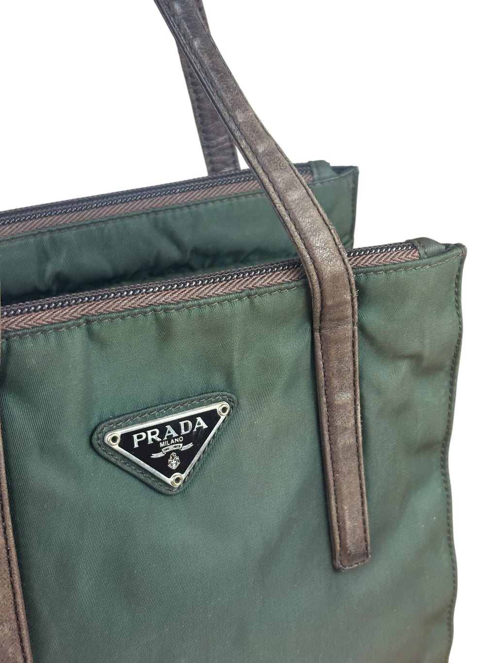 Prada Green/Brown Leather Trim/Nylon Tote