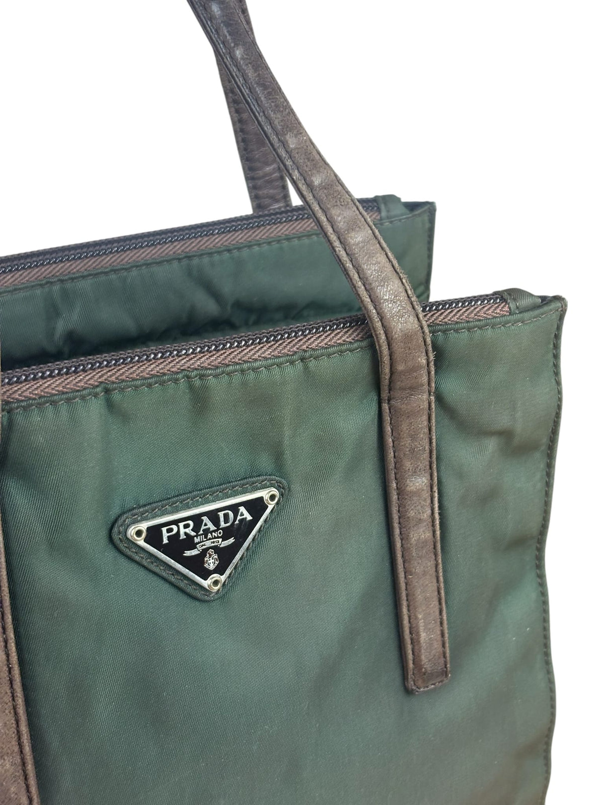 Prada Green/Brown Leather Trim/Nylon Tote