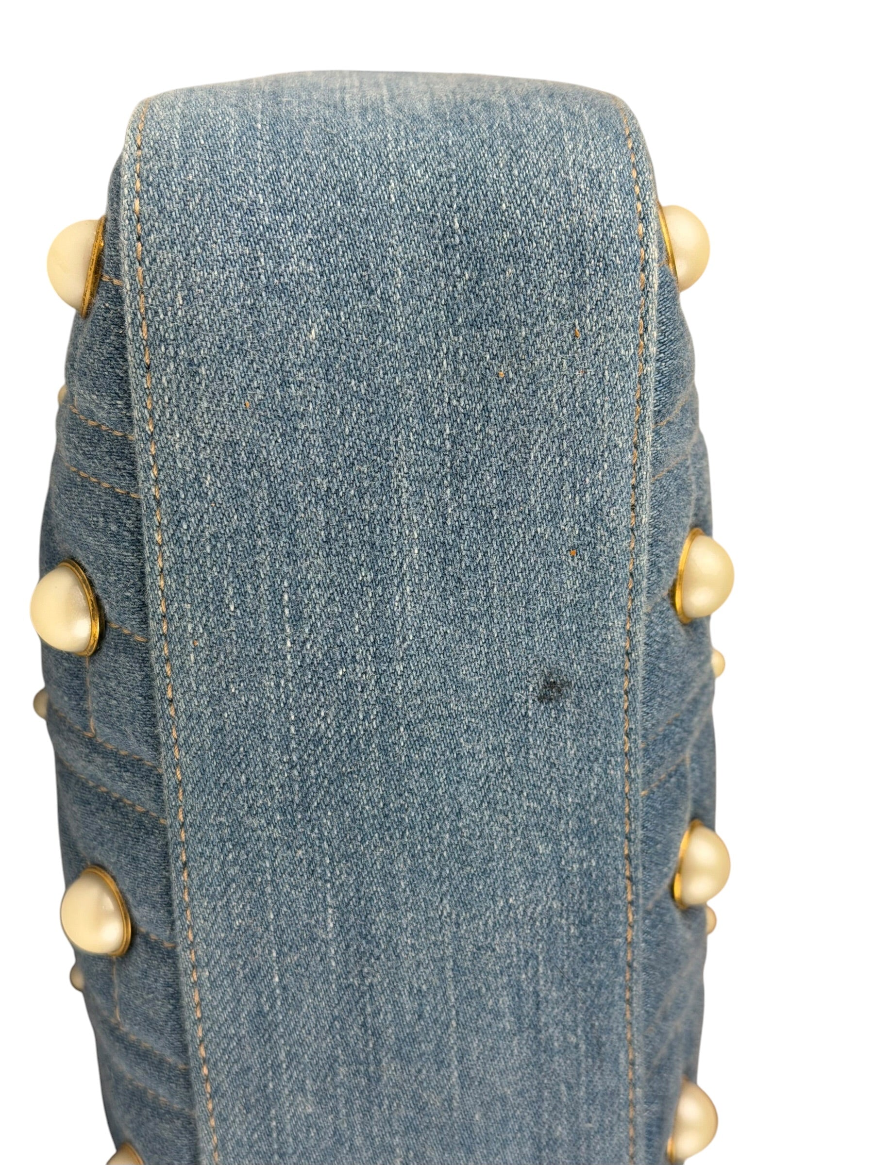 Gucci Blue Denim GG Marmont Pearl Camera Bag