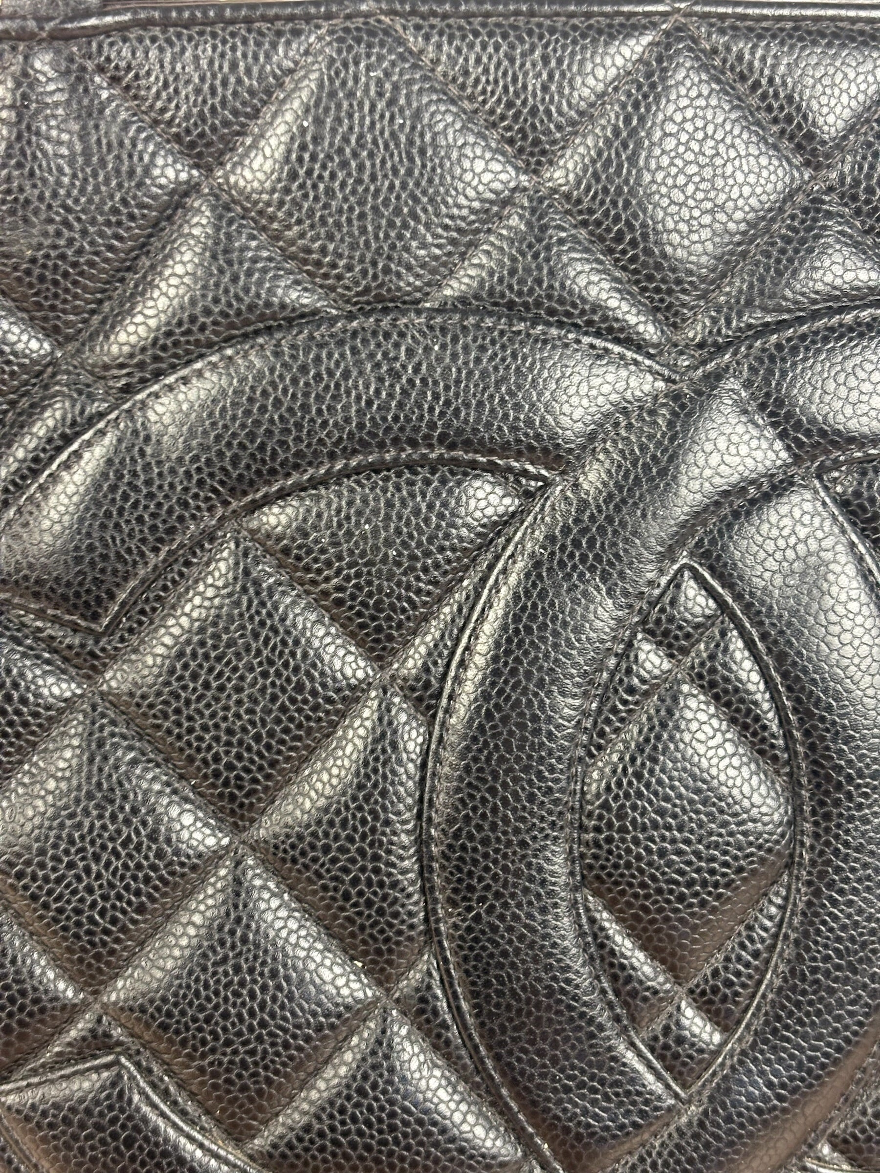 Chanel Vintage CC Black Quilted Caviar Leather Medallion Tote Bag 2002