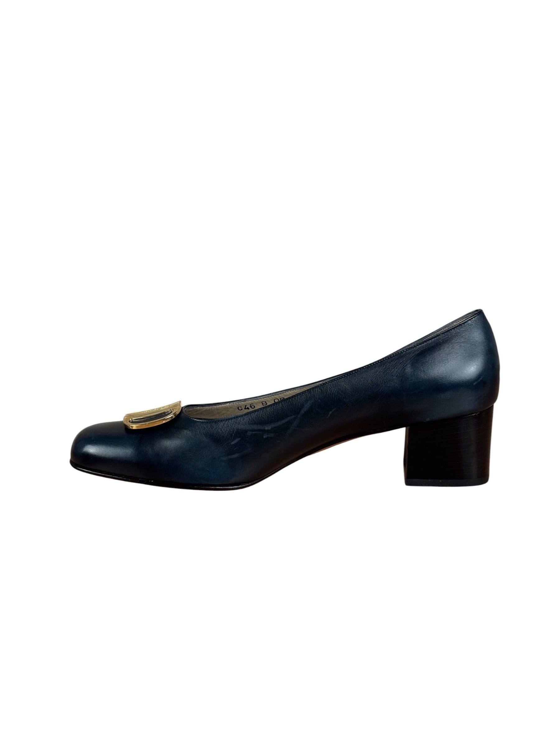Salvatore Ferragamo Blue Gold Buckles Pumps