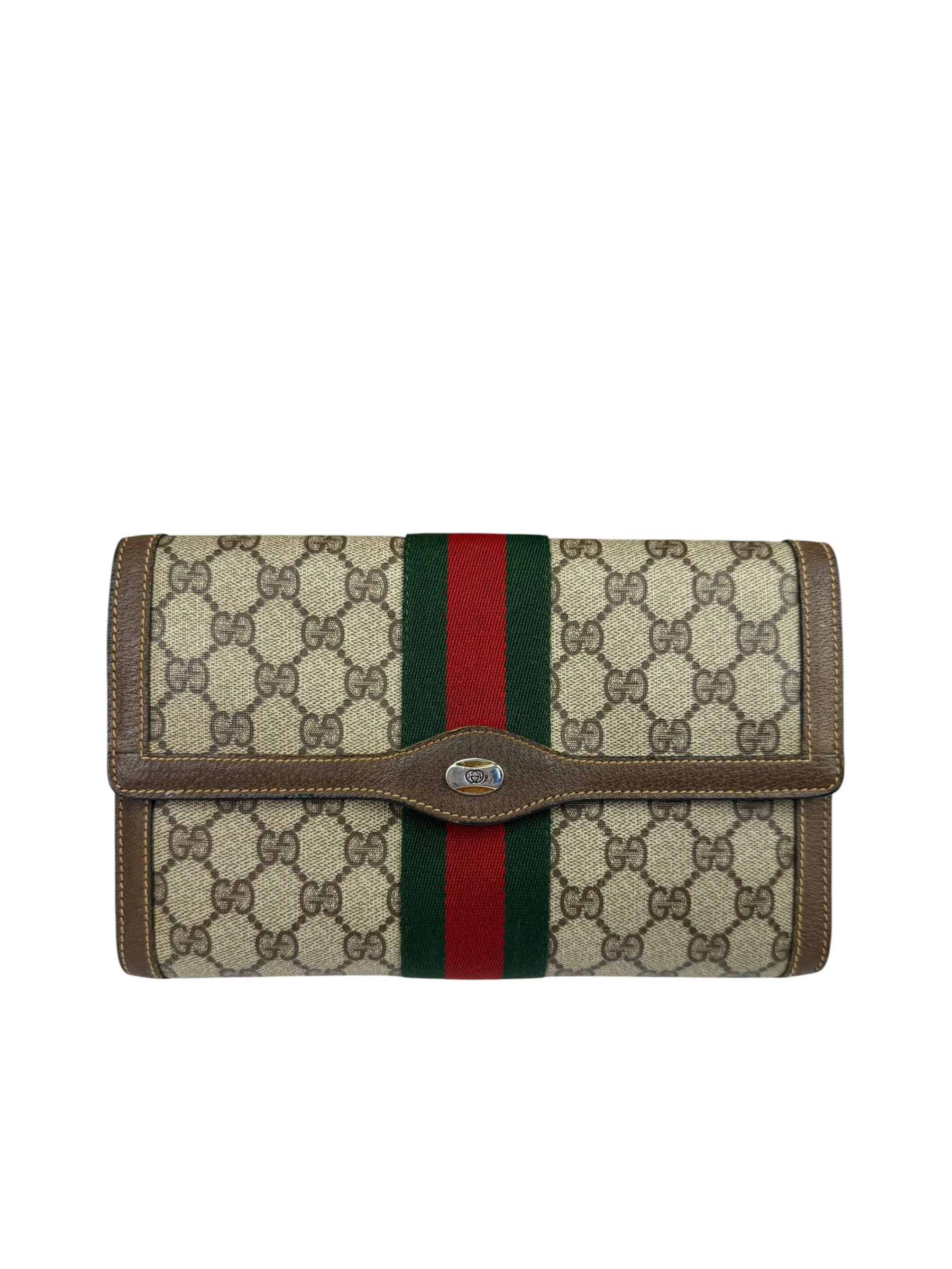 Gucci Brown Leather GG Supreme Web Stripe Clutch