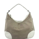 Prada Beige/Cream Leather Trim Logo Jacquard Hobo Bag