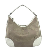 Prada Beige/Cream Leather Trim Logo Jacquard Hobo Bag