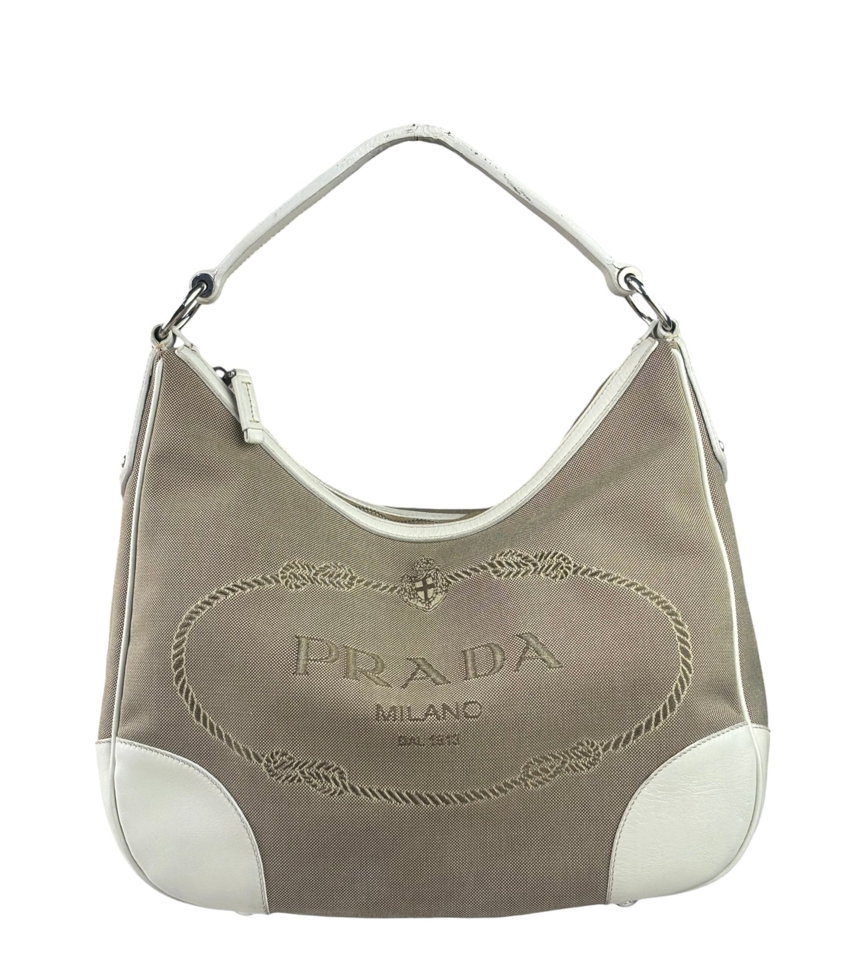 Prada Beige/Cream Leather Trim Logo Jacquard Hobo Bag