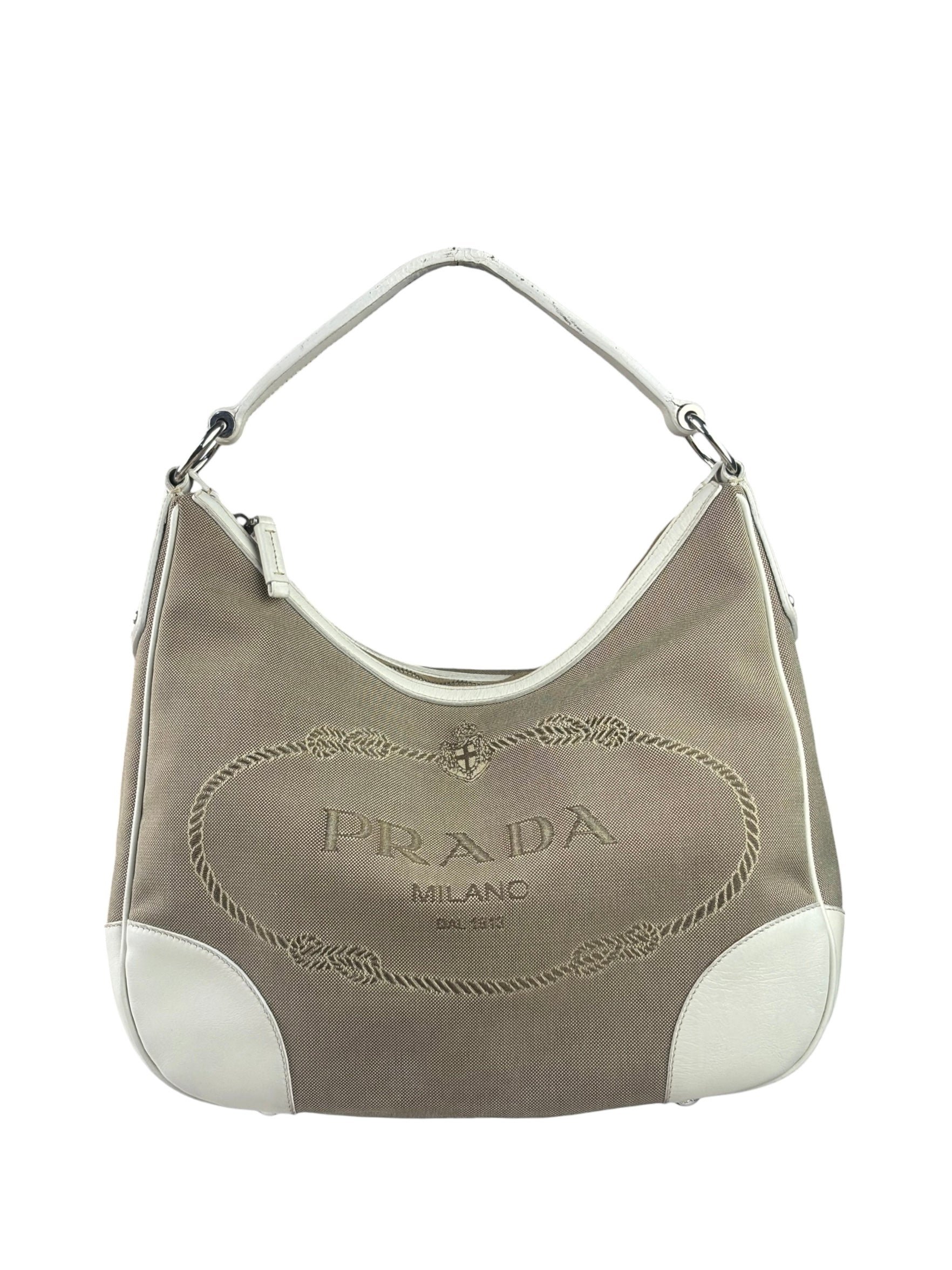 Prada Beige/Cream Leather Trim Logo Jacquard Hobo Bag
