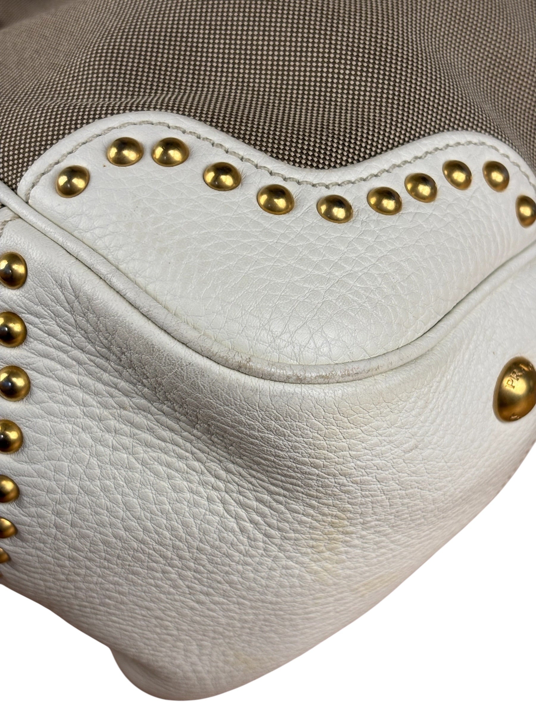 Prada Beige Vitello Trimmed Canapa Bag