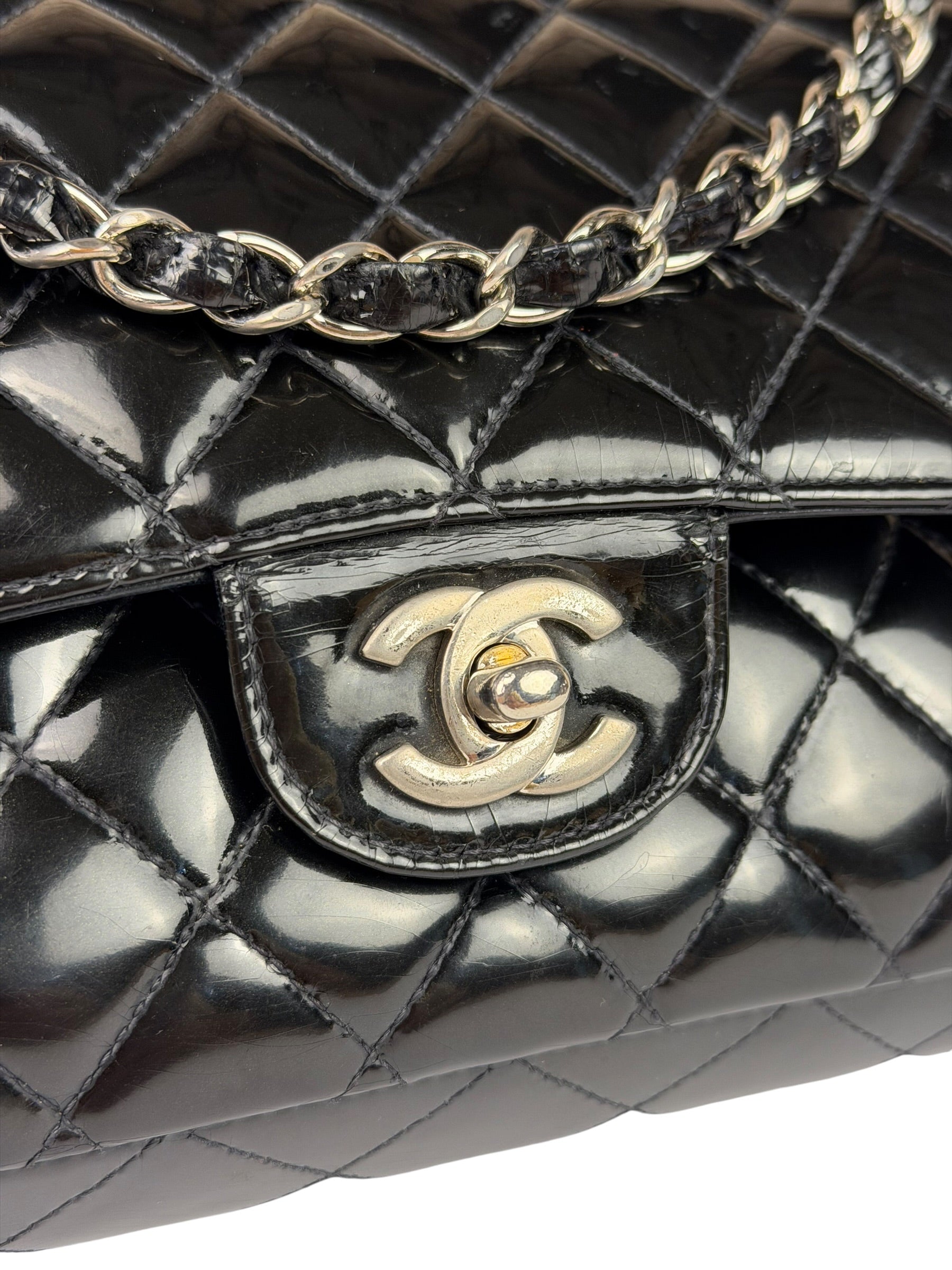 Chanel Black Patent Quilted Leather Double Flap Bag