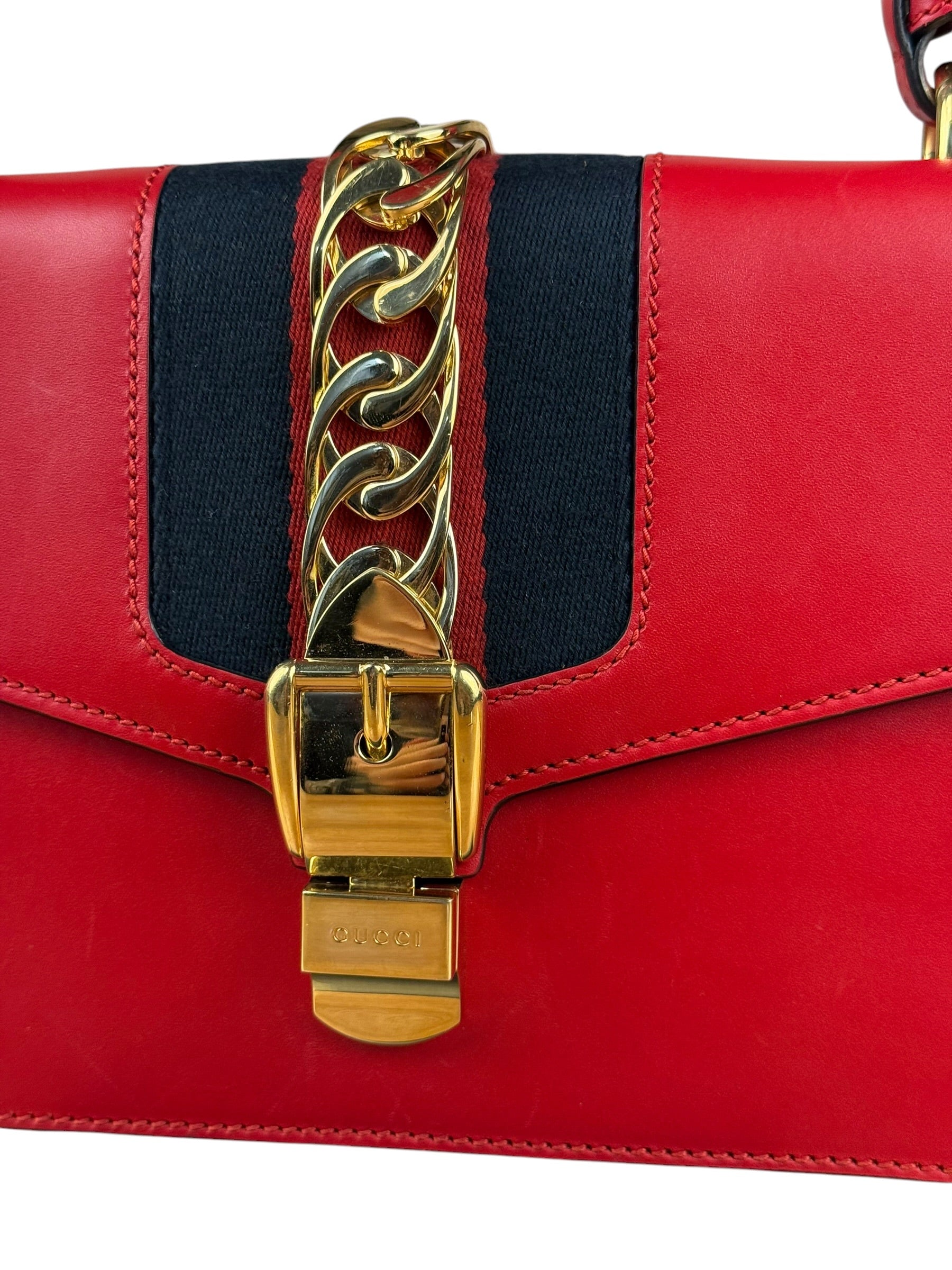 Gucci Red Leather Sylvie Buckle Shoulder Bag