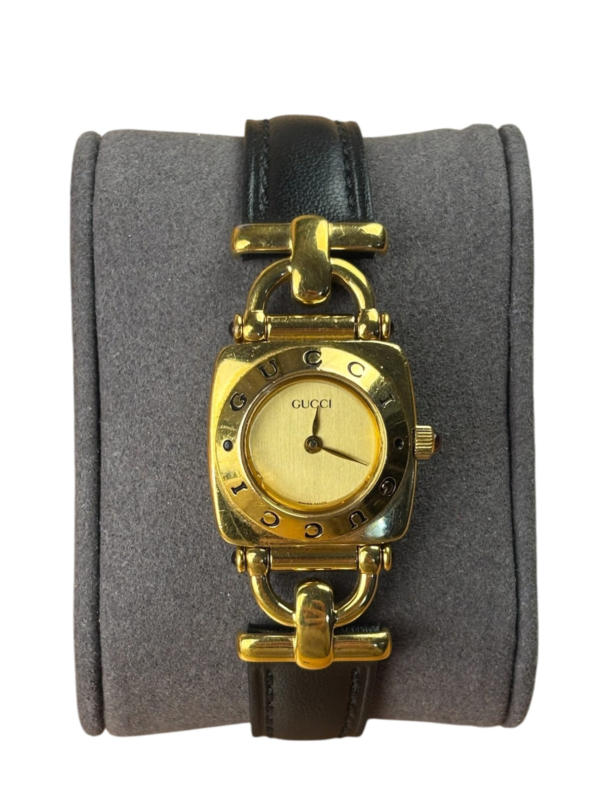 Gucci 6300L Champagne Dial Horsebit Black Leather Strap