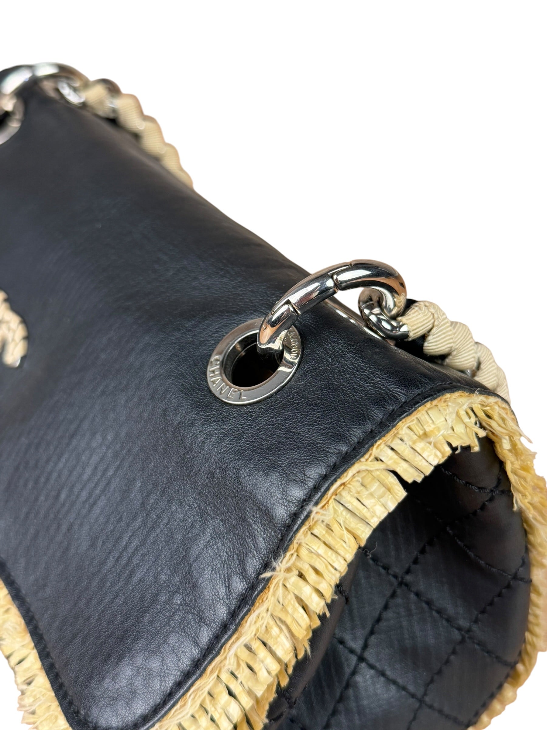 Chanel Black Leather Raffia Fringe CC Flap Shoulder Bag 2009