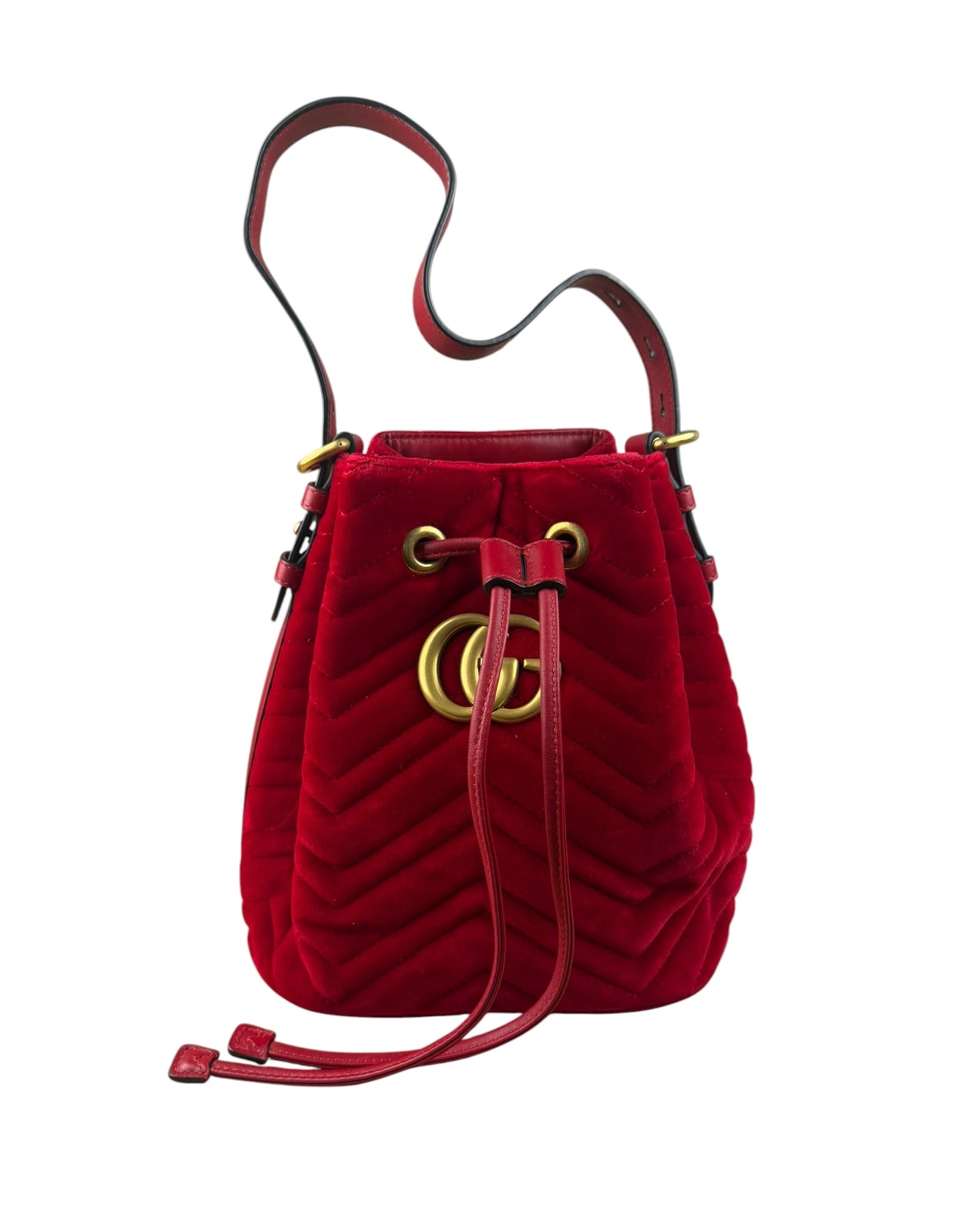 Gucci Red Velvet Leather Trim Marmont Matelasse Bucket Bag