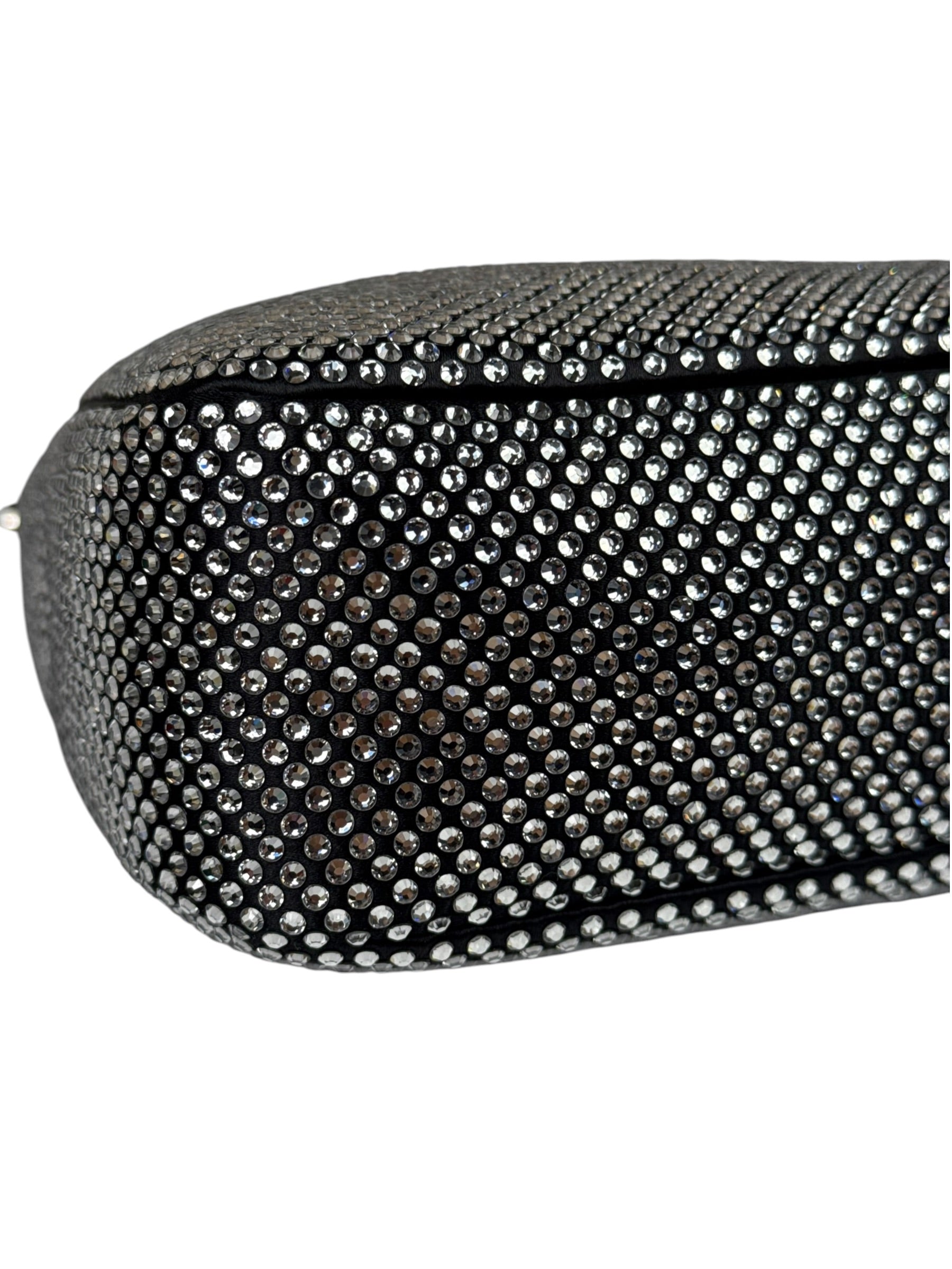 Prada Black Satin/Saffiano Leather Trim  Re-Edition Crystal-Studded Mini Pochette 2005