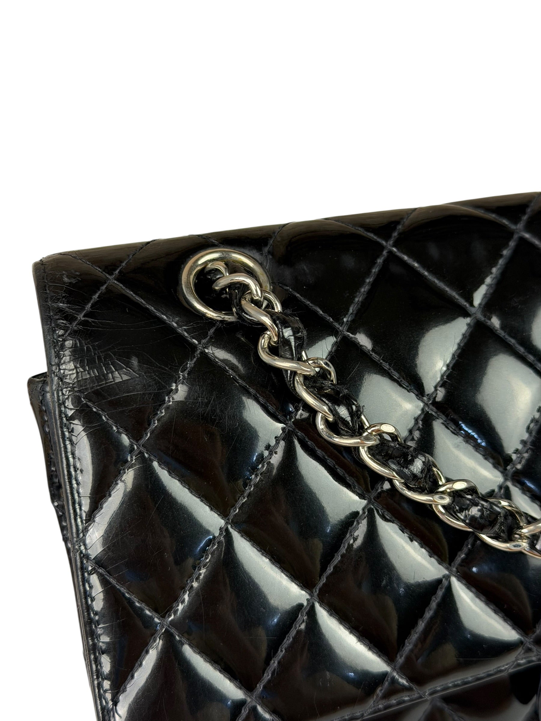 Chanel Black Patent Quilted Leather Double Flap Bag