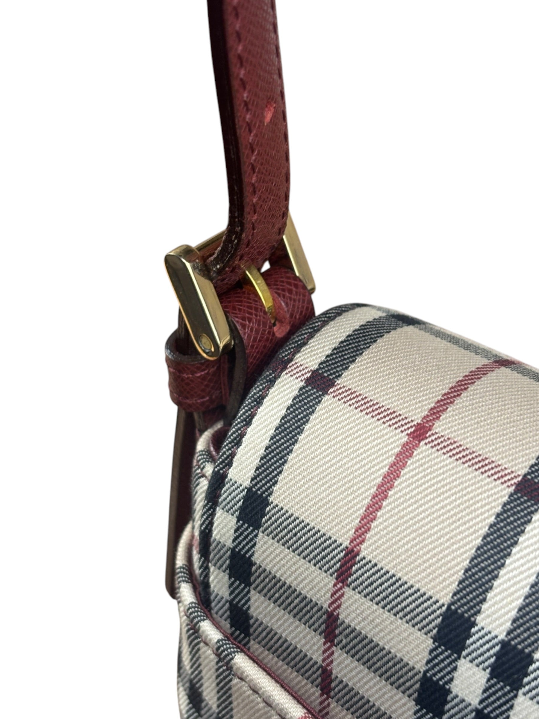 Burberry Burgundy Leather Trim House Check Shoulder Bag