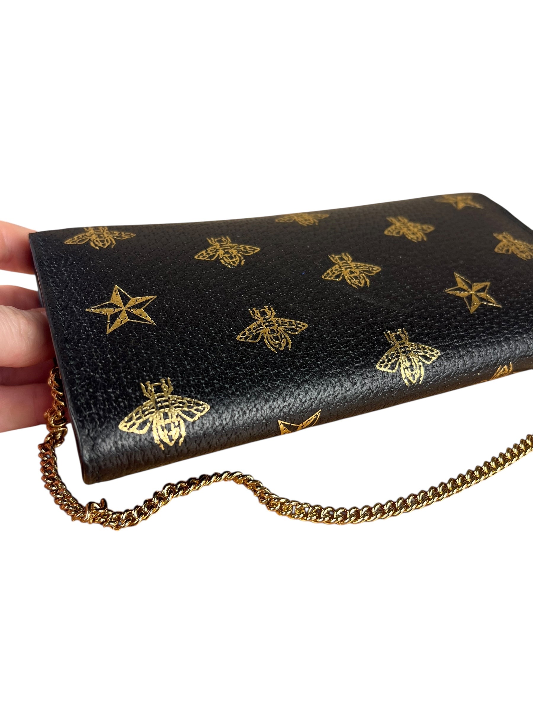 Gucci Leather Bees Padlock Continental Wallet On Chain Black