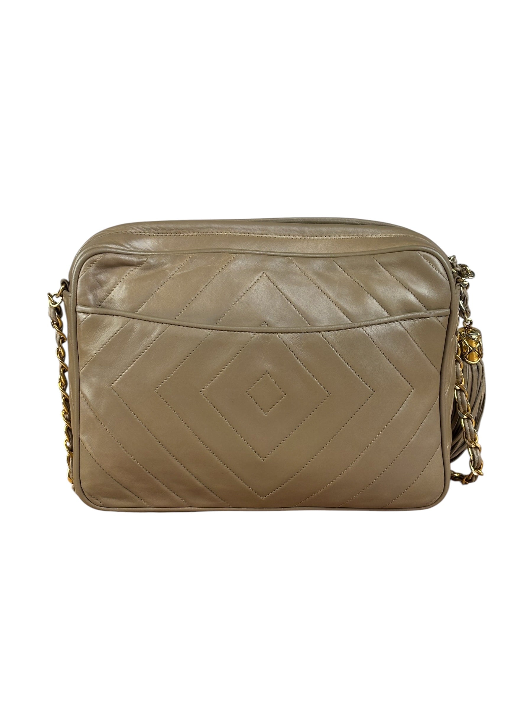 Chanel Tan Beige Chevron Leather Camera Case