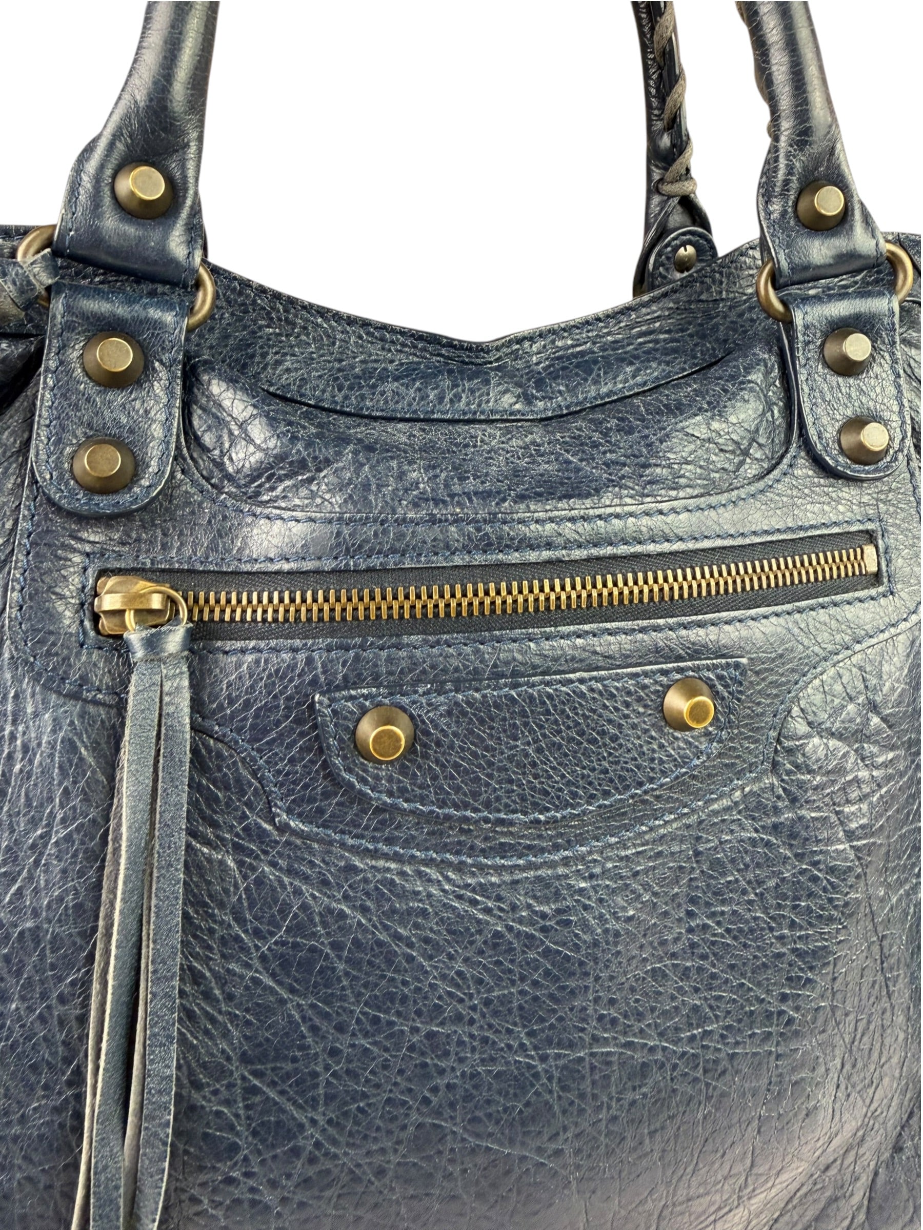 Balenciaga Navy Lambskin Moto Work Two-Way Bag
