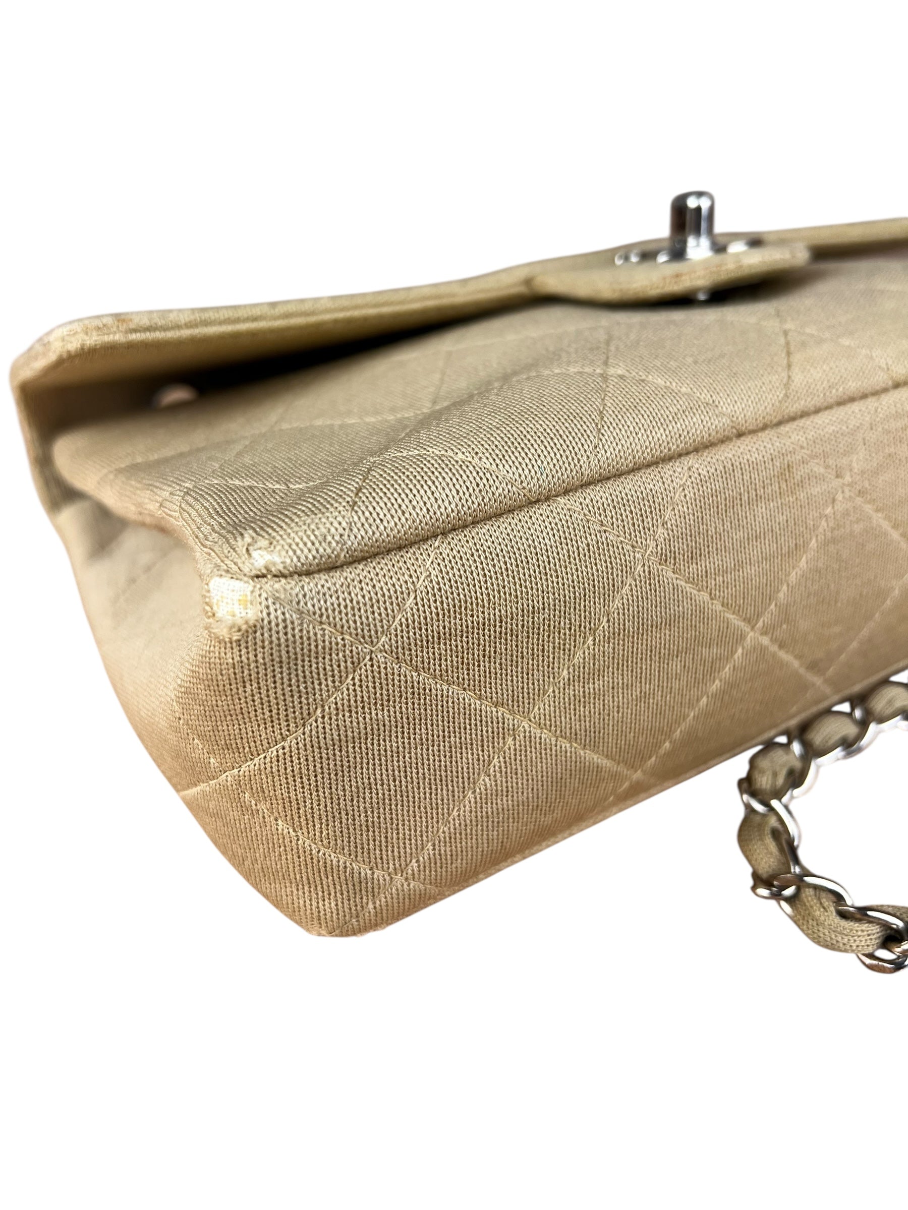 Chanel Vintage Beige Jersey Quilted Classic Flap Bag