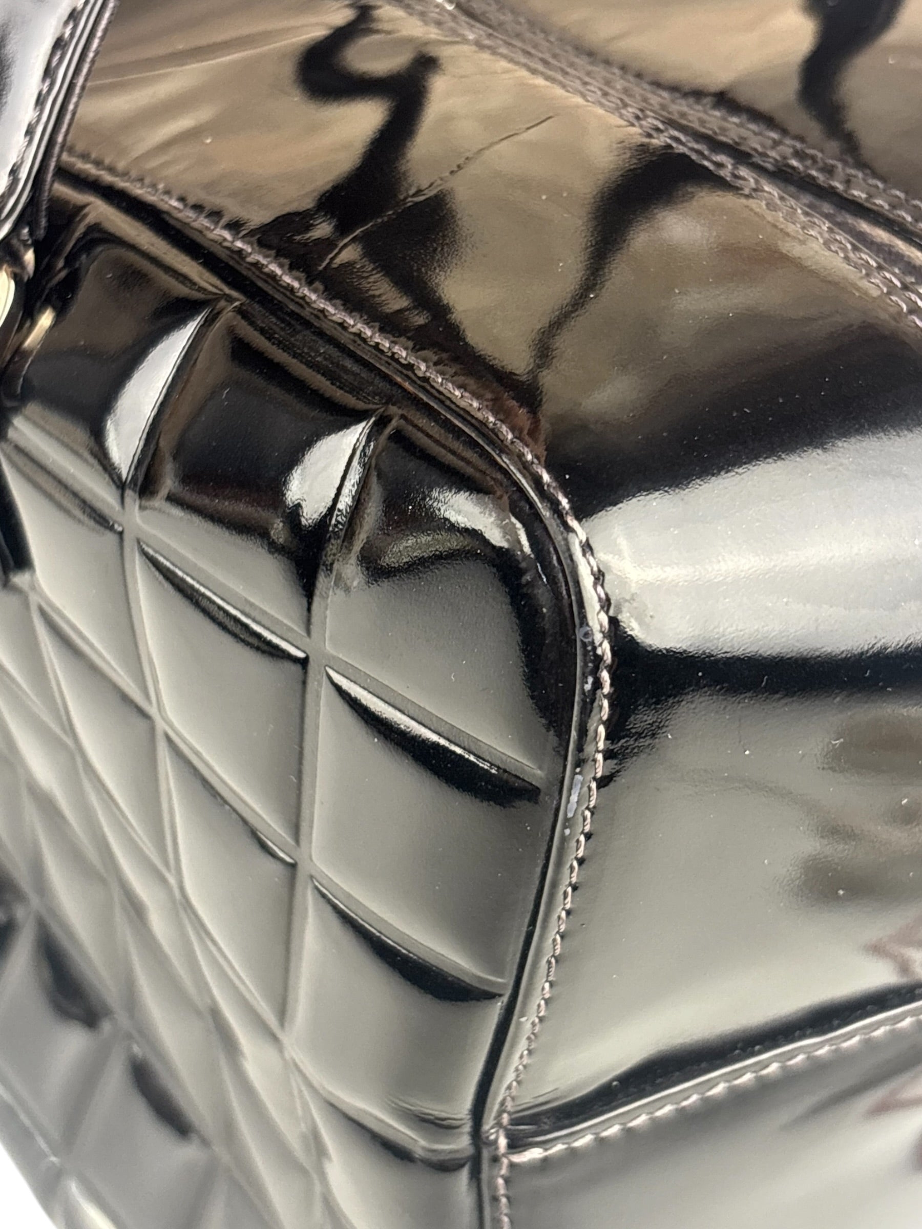 Chanel Black Leather Patent Chocolate Bar Bowler Hand Bag