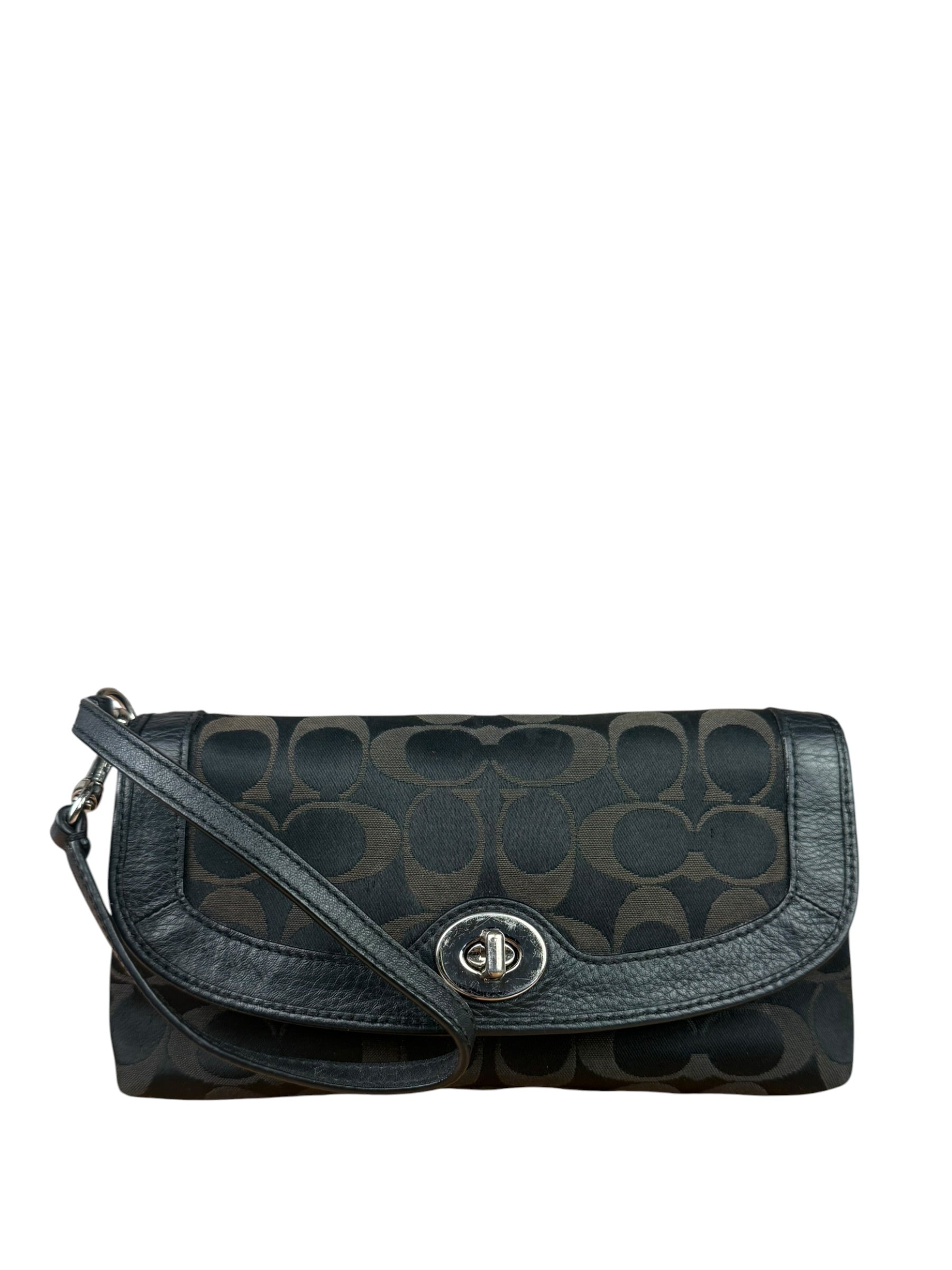 Coach Vintage Black Leather Trim C Canvas Flap Snap Clutch Wristlet