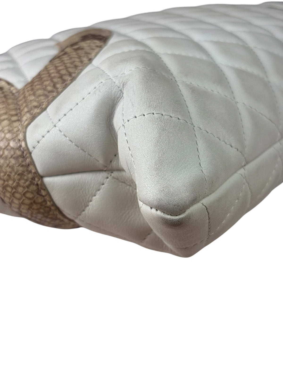 Chanel White Calfskin Quilted Python-Embossed Ligne Cambon Flat Tote Bag 2004