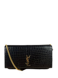 YSL Black Cocco Embossed Leather Print Phone Holder