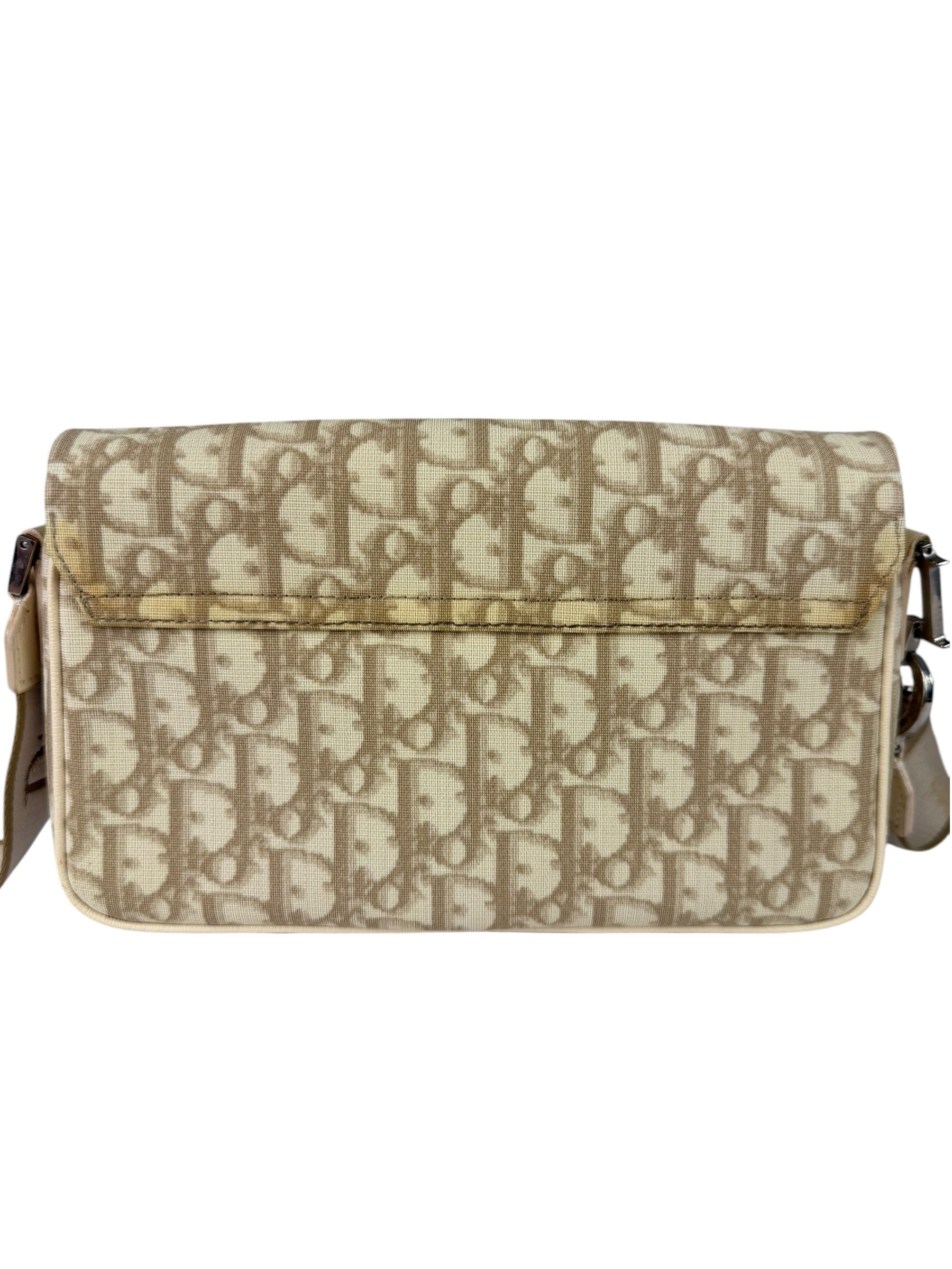 Christian Dior Beige Leather Trim Trotter Floral Embroidered Flap Bag