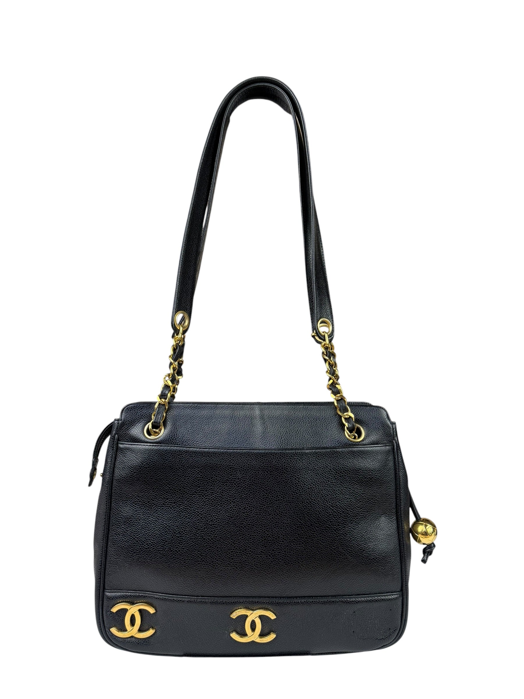 Chanel Vintage Black Caviar Leather Triple CC Chain Tote Bag