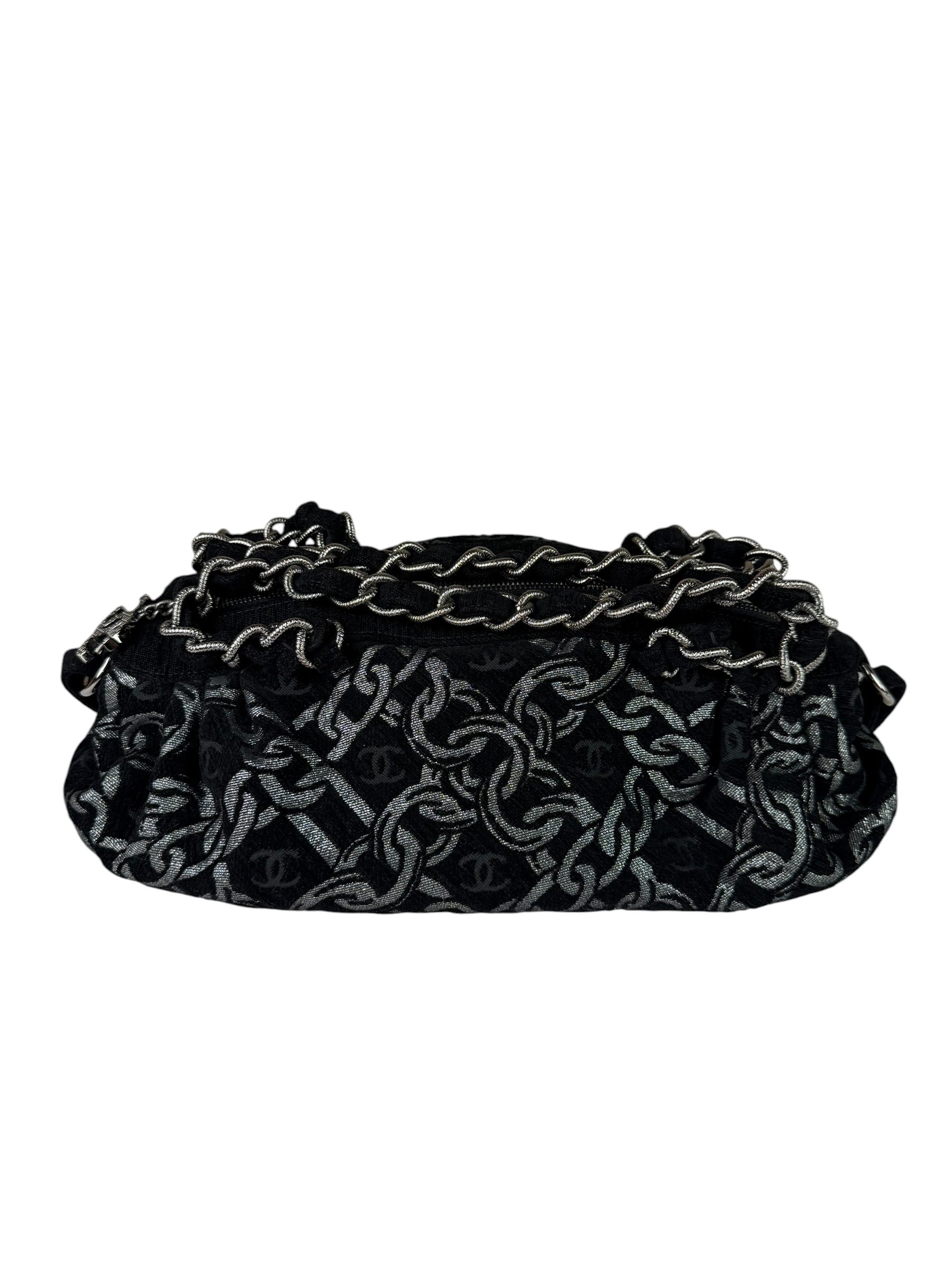 Chanel Black CC Jacquard Chain Silver Metallic Bowler Handbag 2005