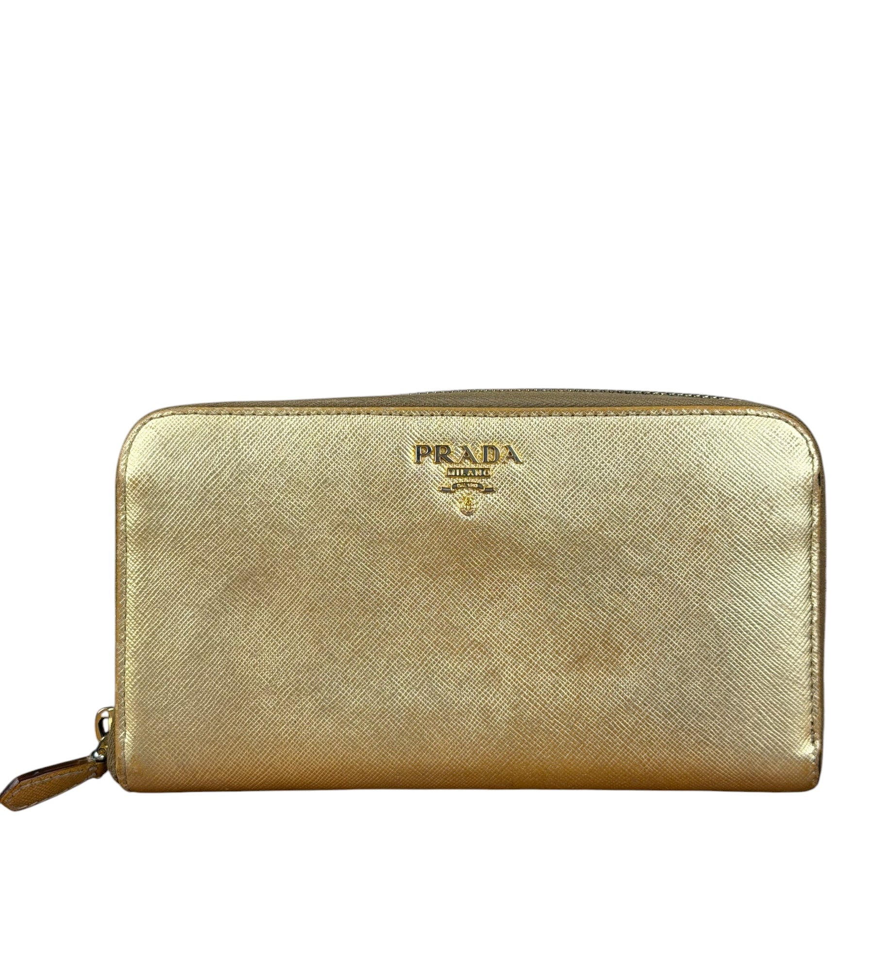 Prada Metallic Gold Saffiano Leather Zip-Around Wallet