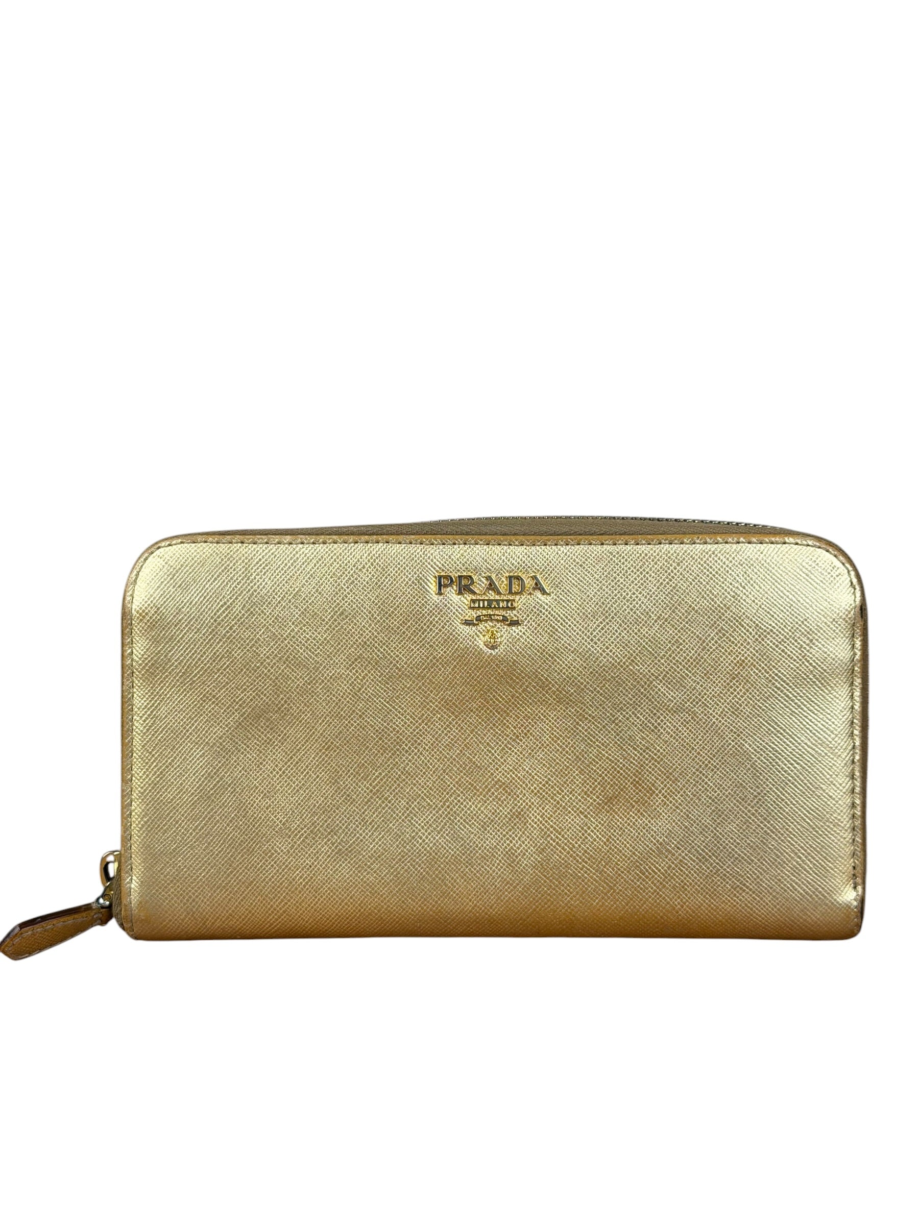 Prada Metallic Gold Saffiano Leather Zip-Around Wallet