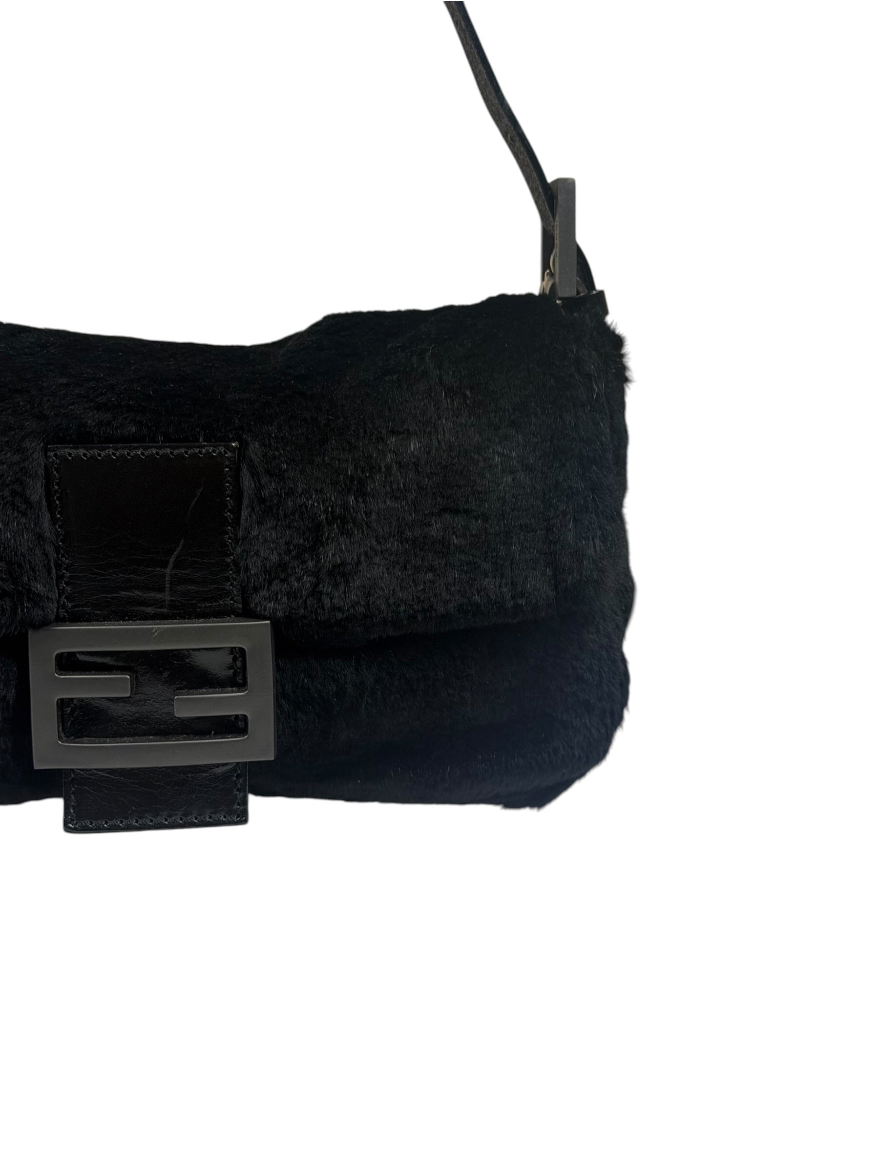 Fendi Black Shearling/Leather Trim Baguette
