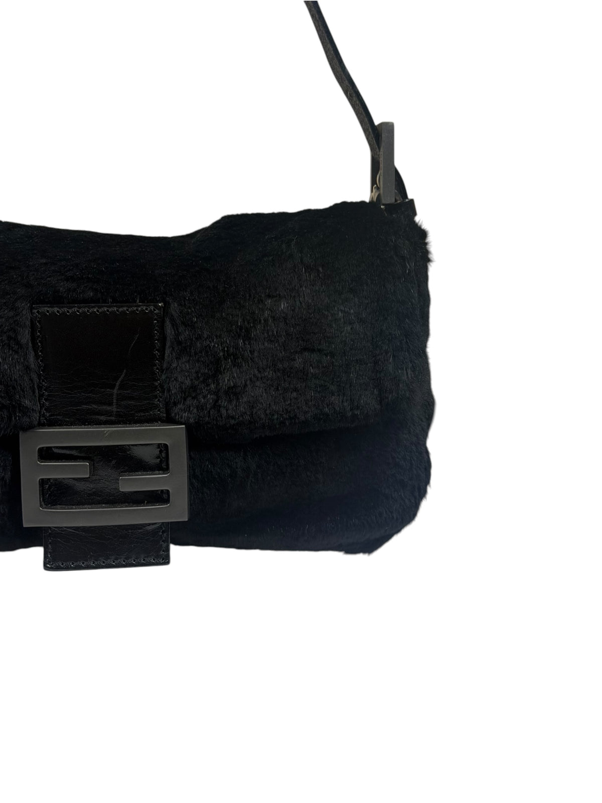 Fendi Black Shearling/Leather Trim Baguette