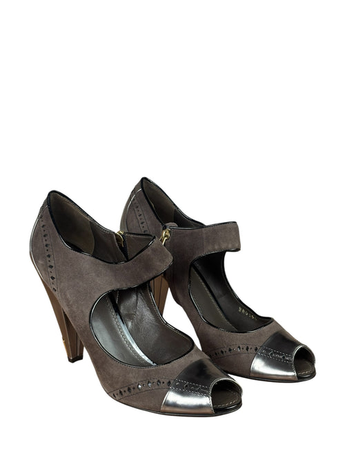 Louis Vuitton Brown Suede Silver Peep-Toe Pumps
