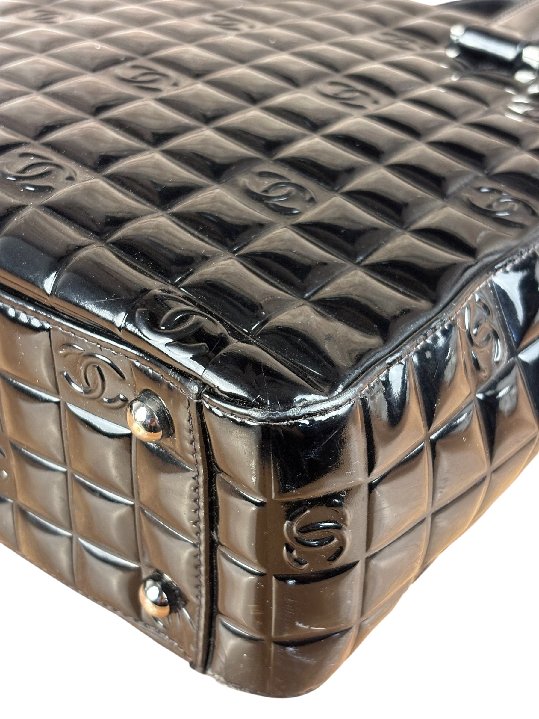 Chanel Vintage Black Patent Leather Chocolate Bar Pyramidal Tote Bag 2002