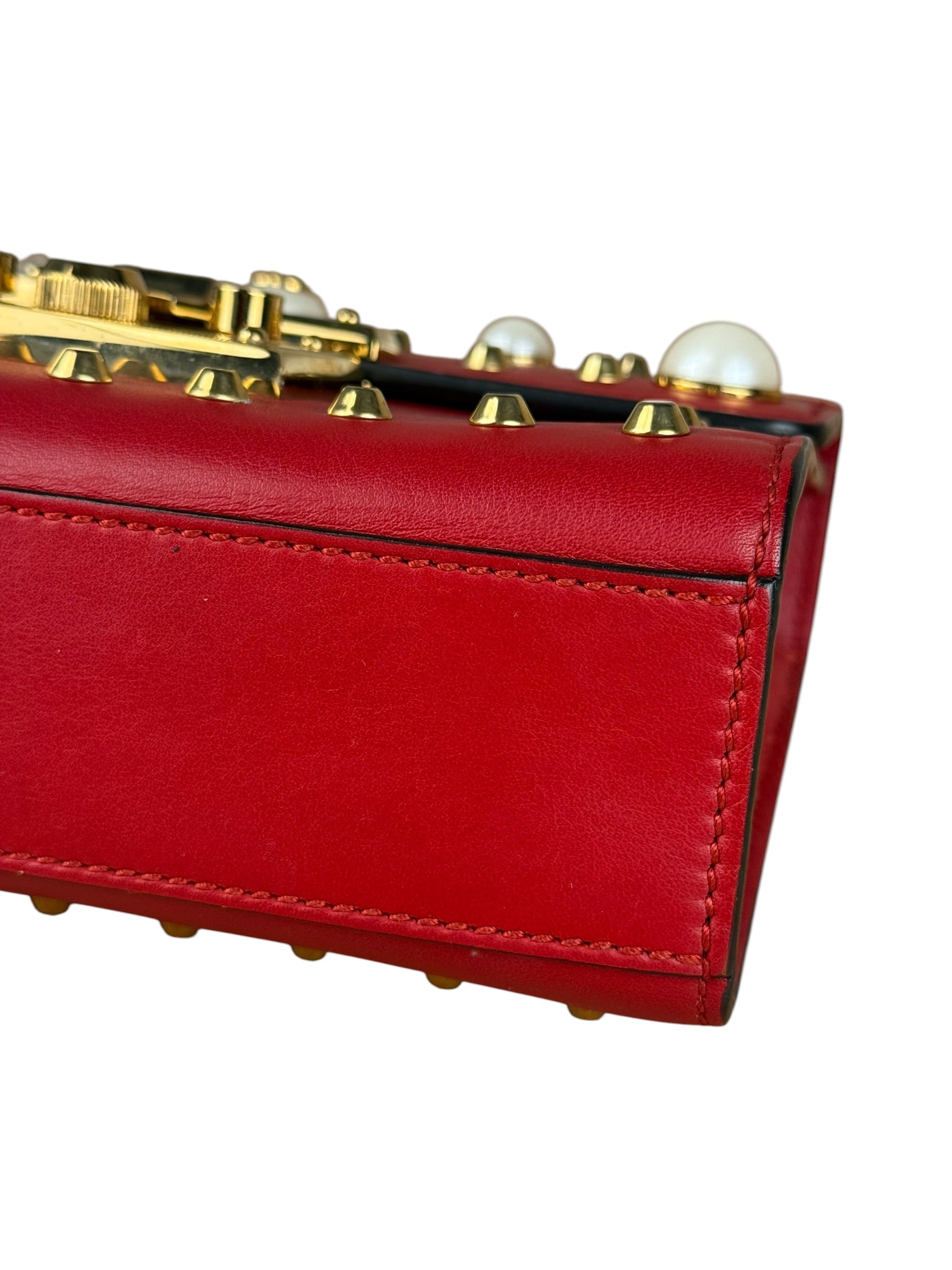 Gucci Red Leather Pearl Studded Padlock Shoulder Bag