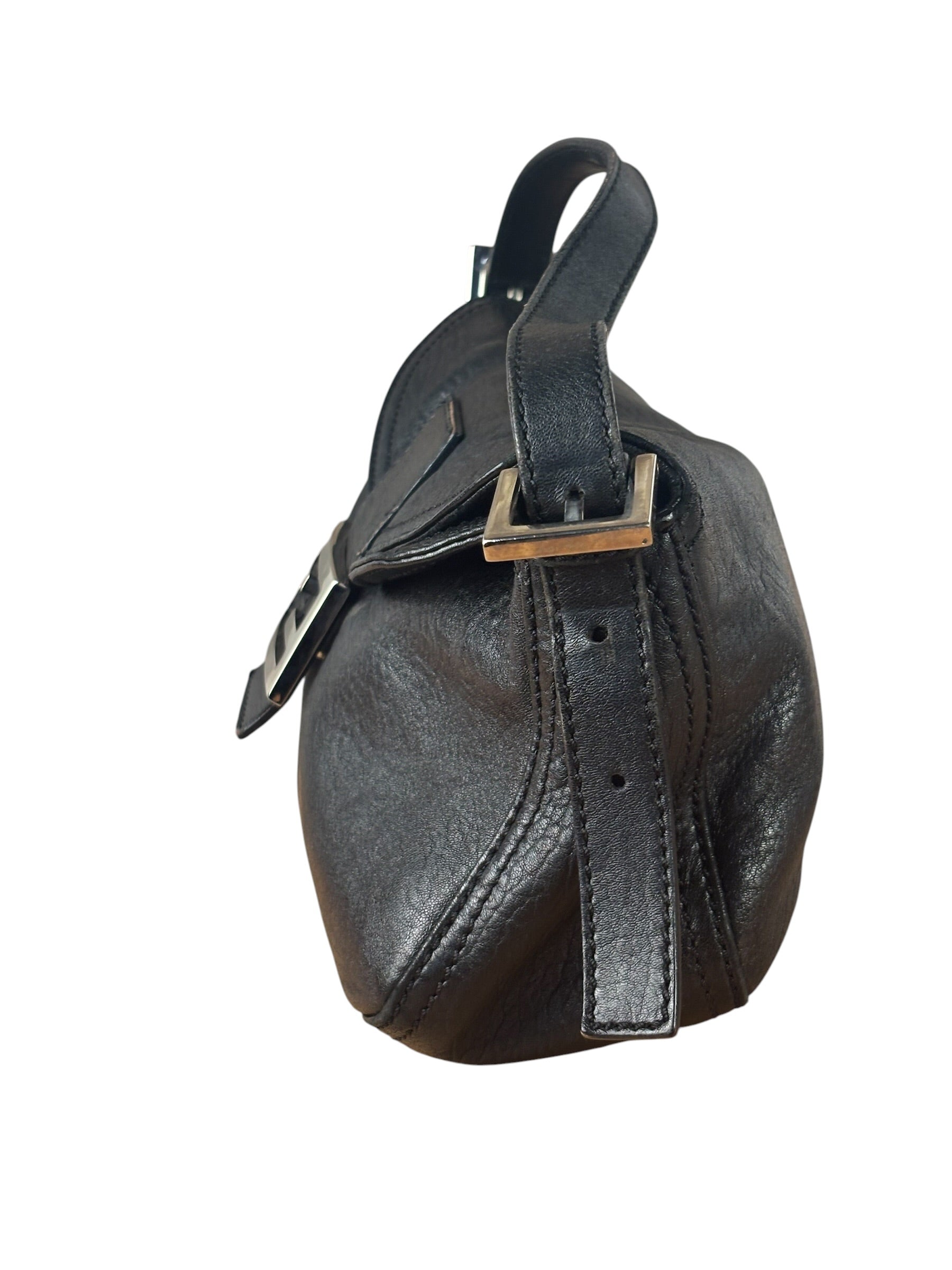 Fendi Vintage Black Leather Double Flap Baguette