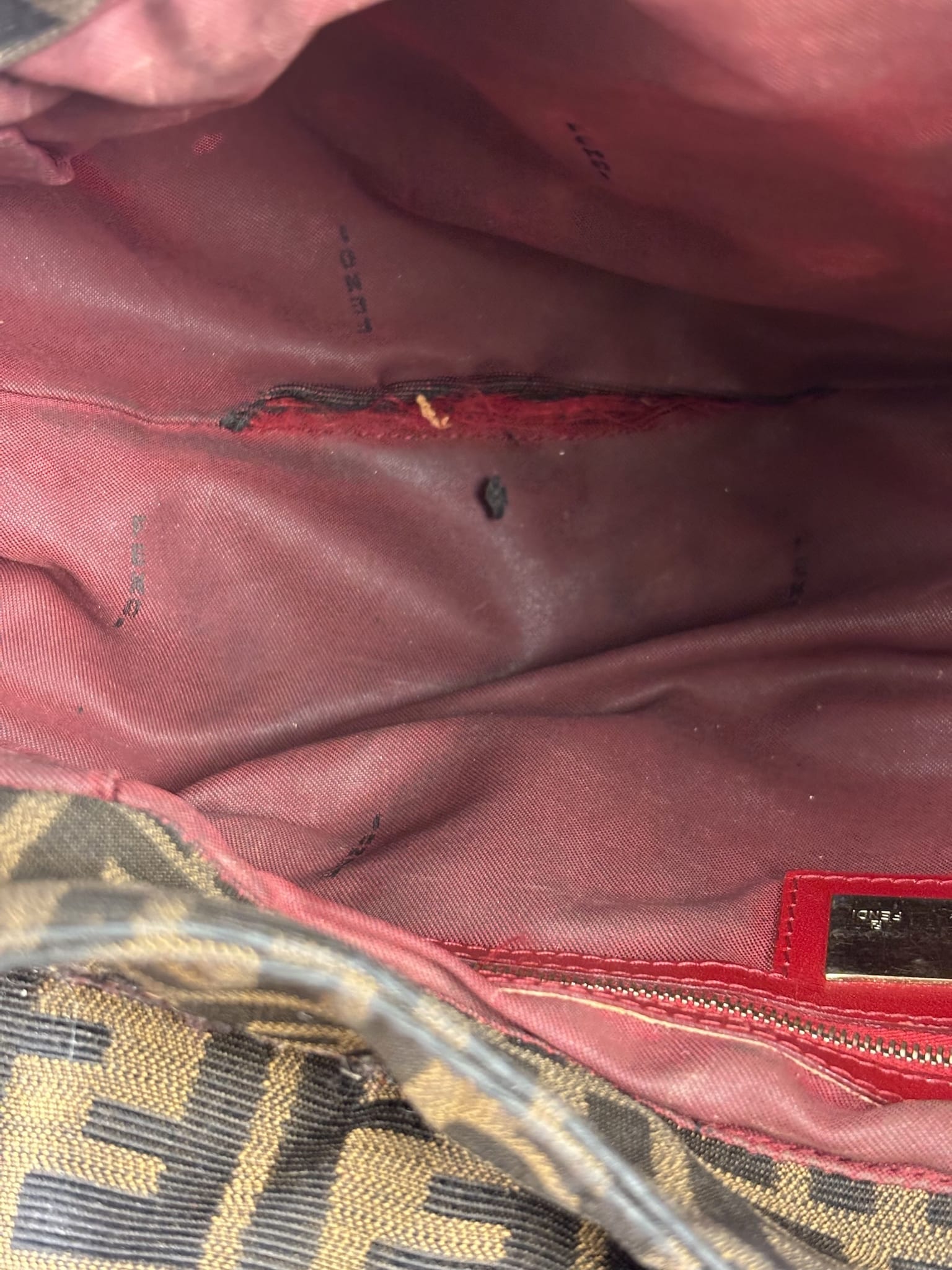 Fendi Beige/Red Leather Trim Zucca Chef Flap Bag