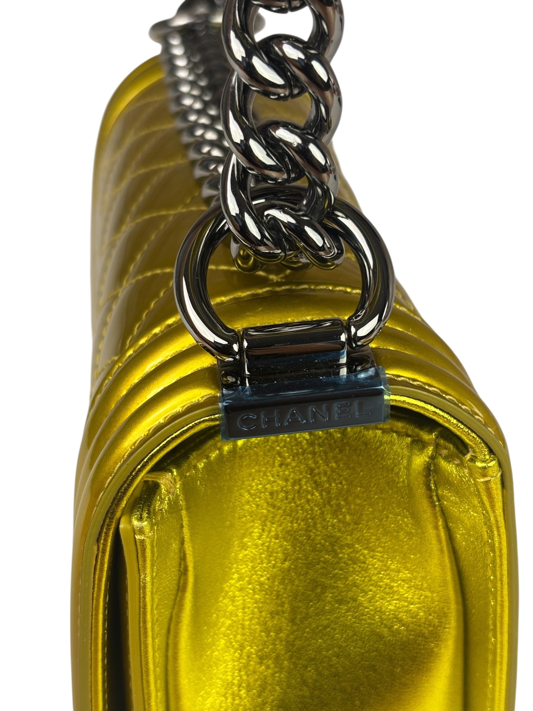 Chanel Metallic Yellow Quilted Patent Leather Mini Boy Flap Bag 2014