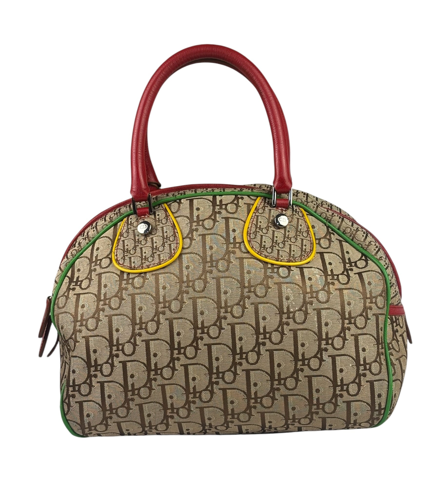 Christian Dior Vintage Beige/Brown Leather Trim Rasta Bowler Bag