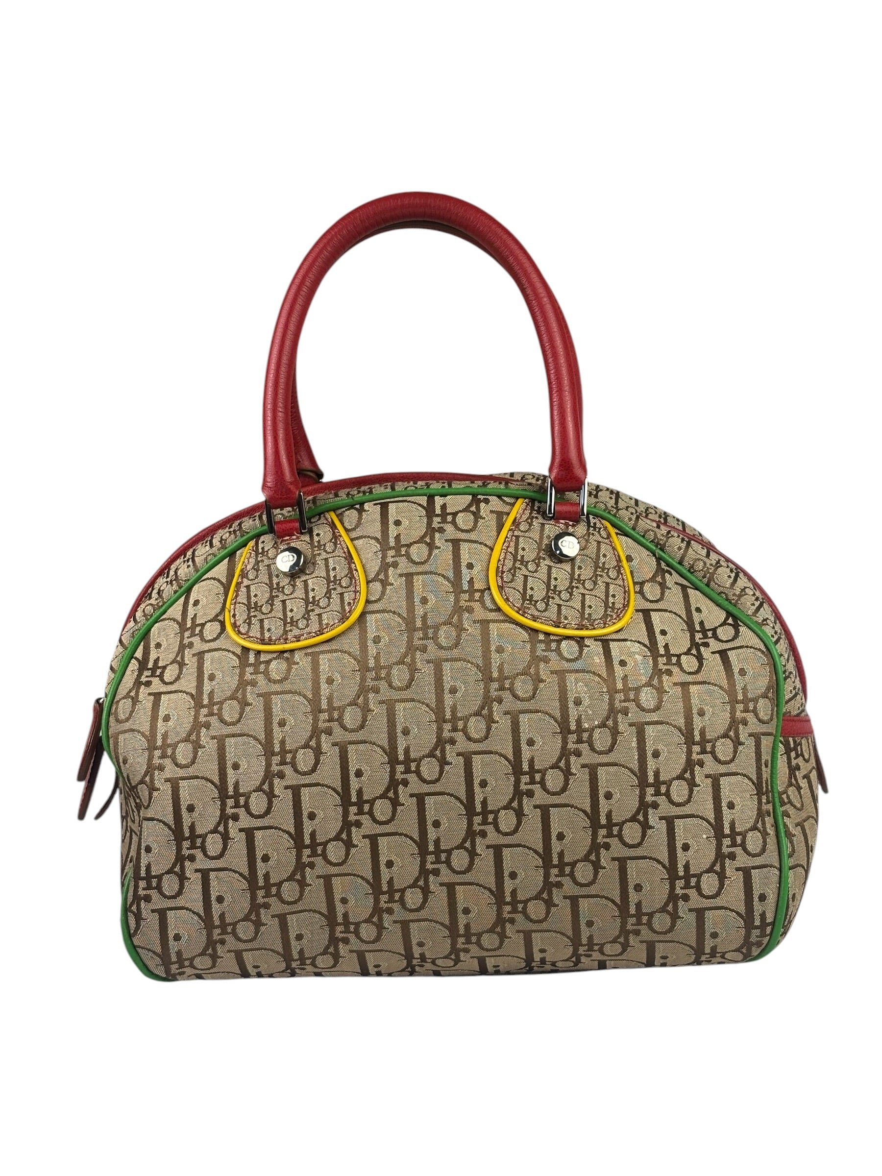 Christian Dior Vintage Beige/Brown Leather Trim Rasta Bowler Bag