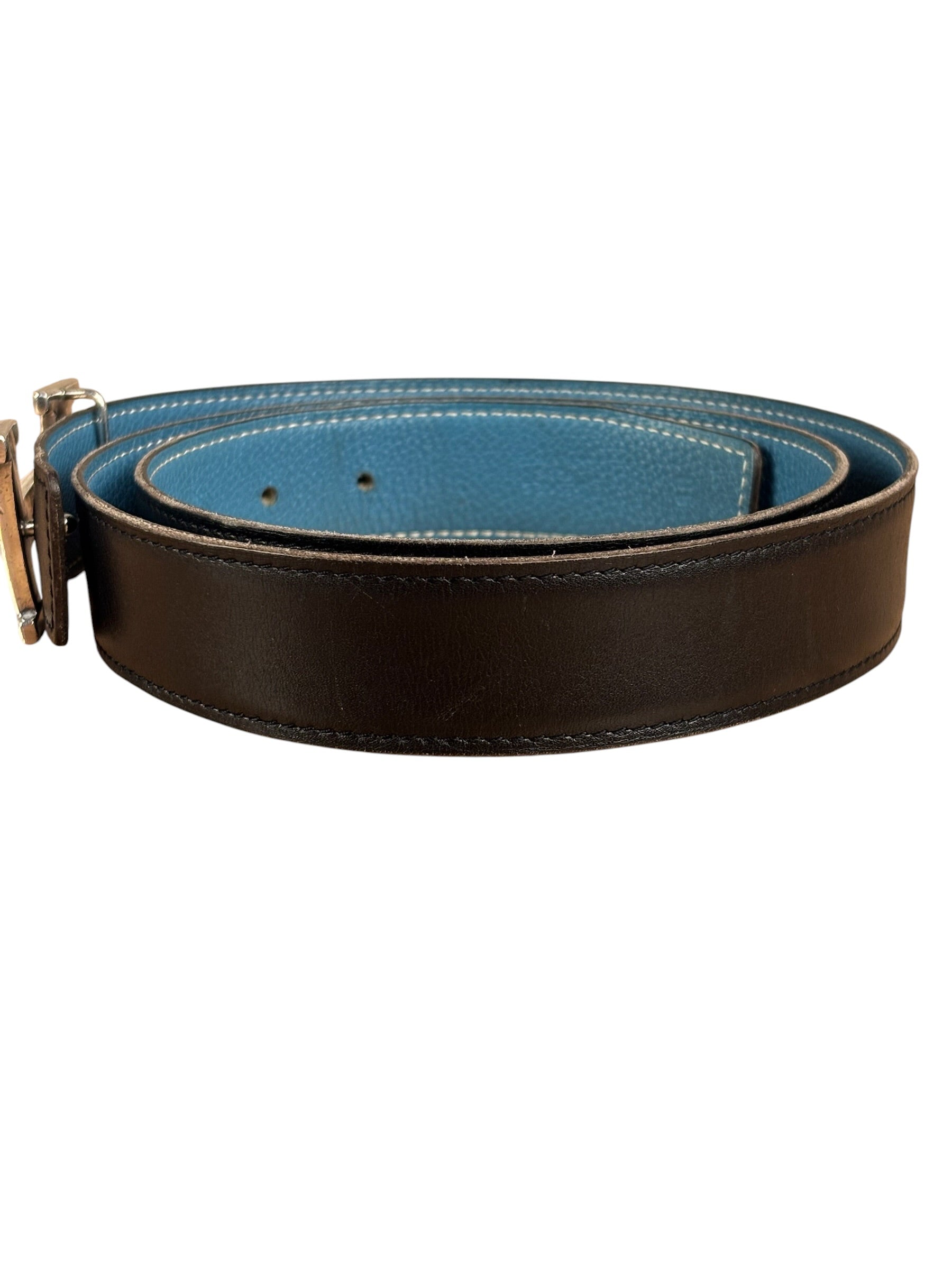 Hermes Tuareg H Solid Silver Buckle Black/Blue Belt
