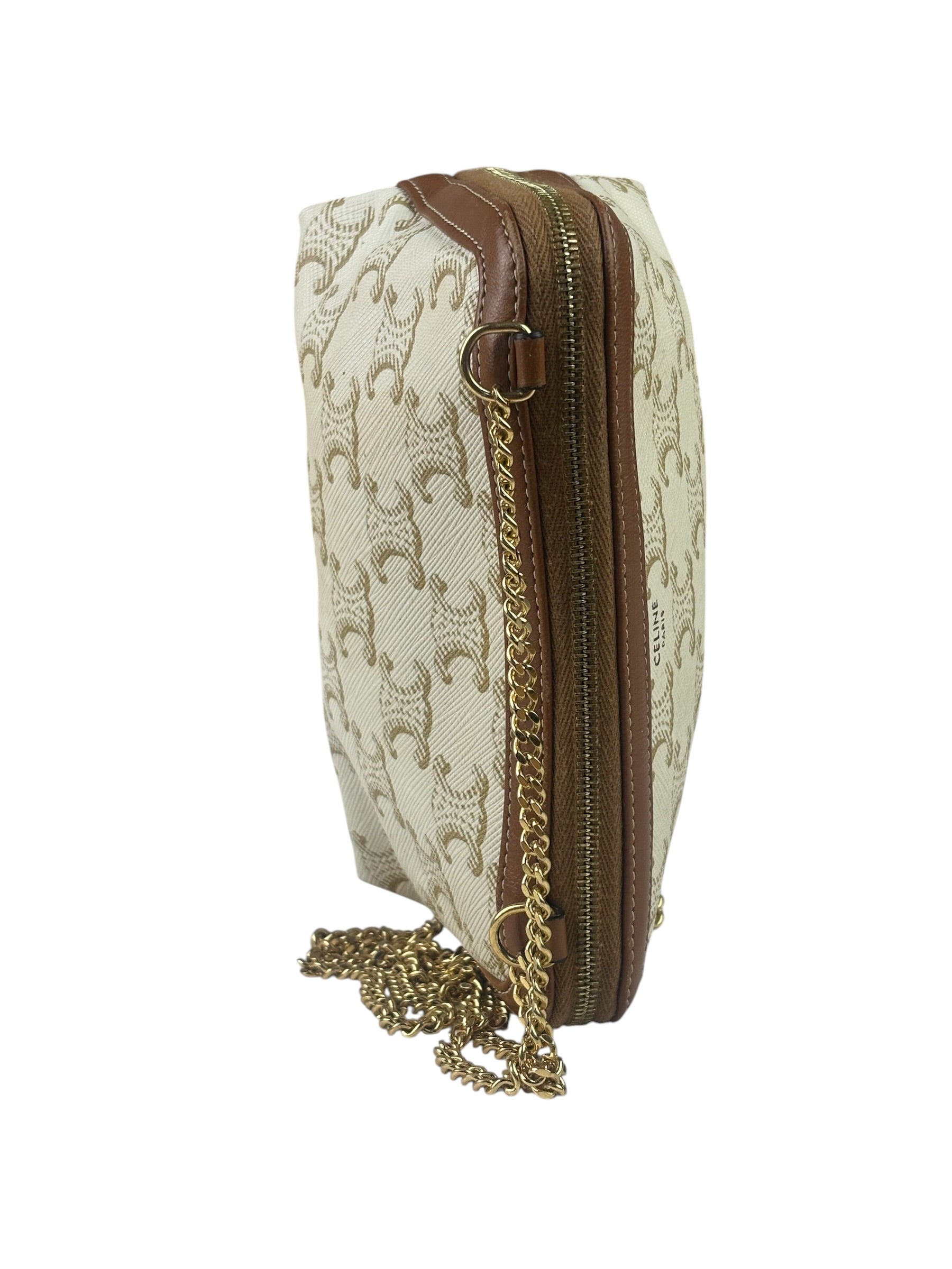 Celine Beige/Brown Leather Triomphe Chain Clutch