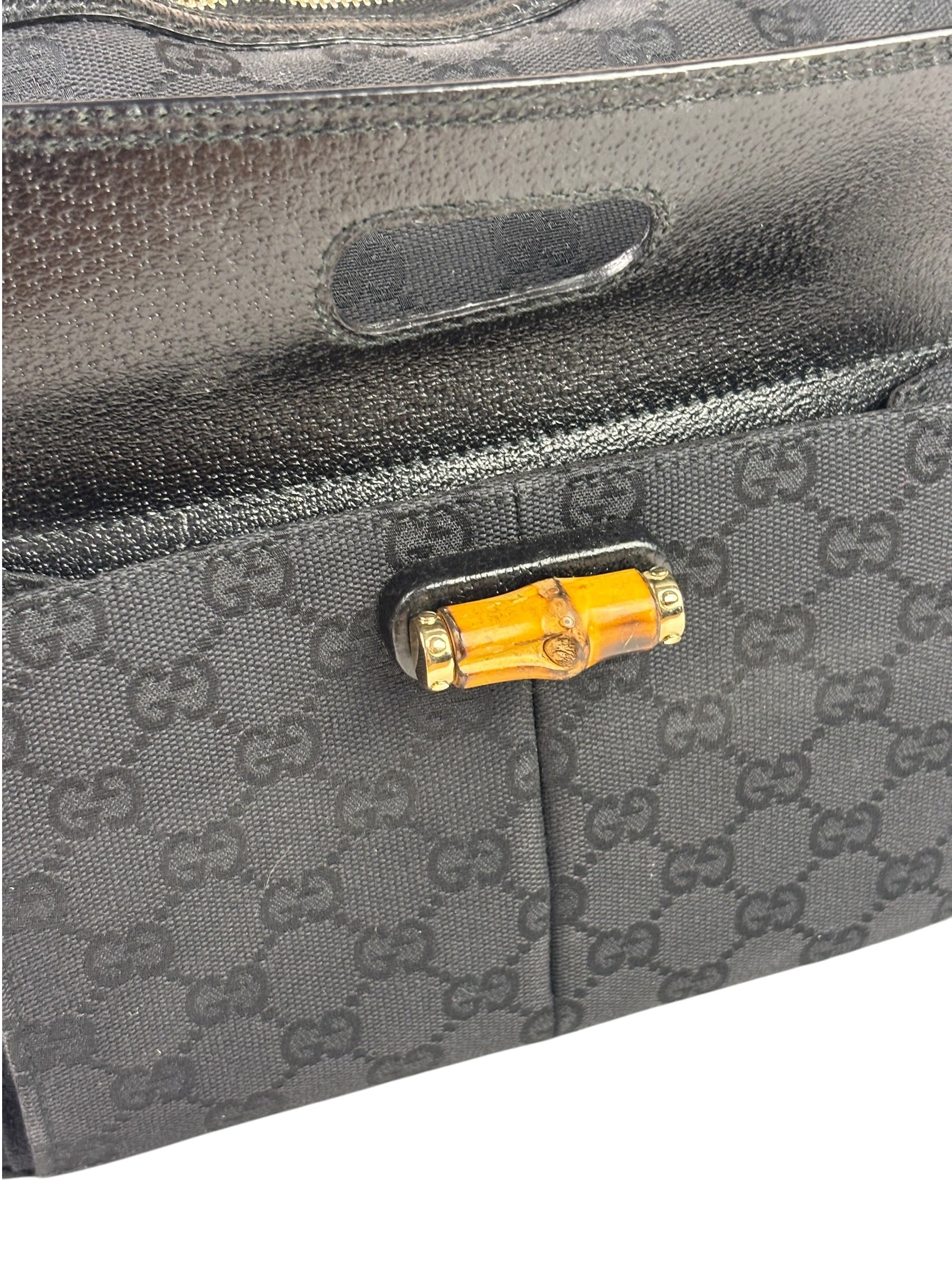 Gucci Black Leather Trim Bamboo Handle Hobo Bag