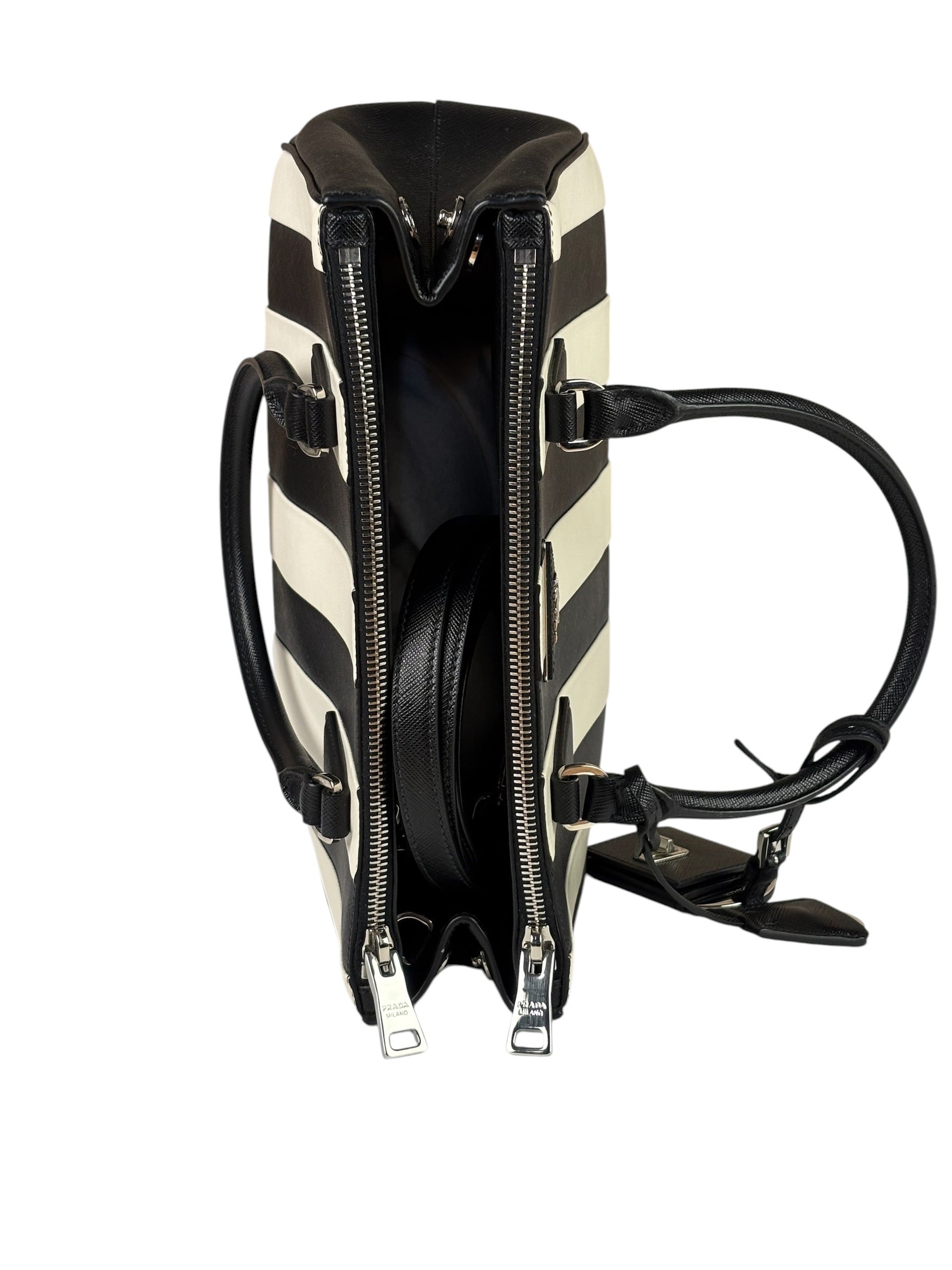 Prada Black/White Saffiano Leather Striped Two-Way Bag