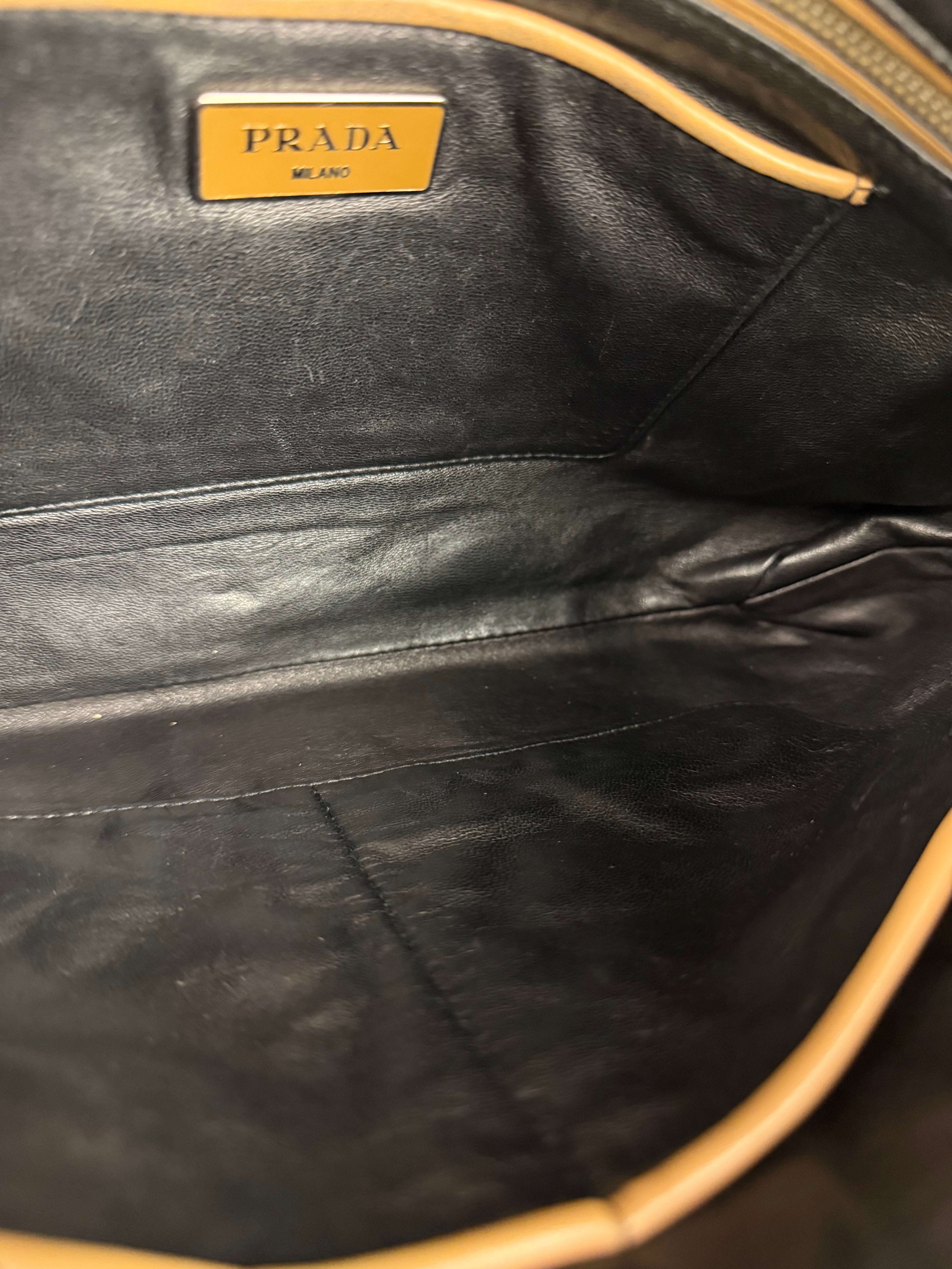 Prada Vintage Camel Leather Embroidery Clutch